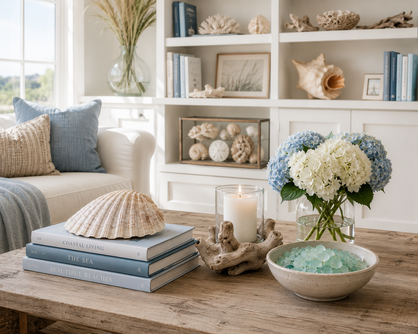 Coastal coffee table styling with books, candle, hydrangeas, shells, and sea glass