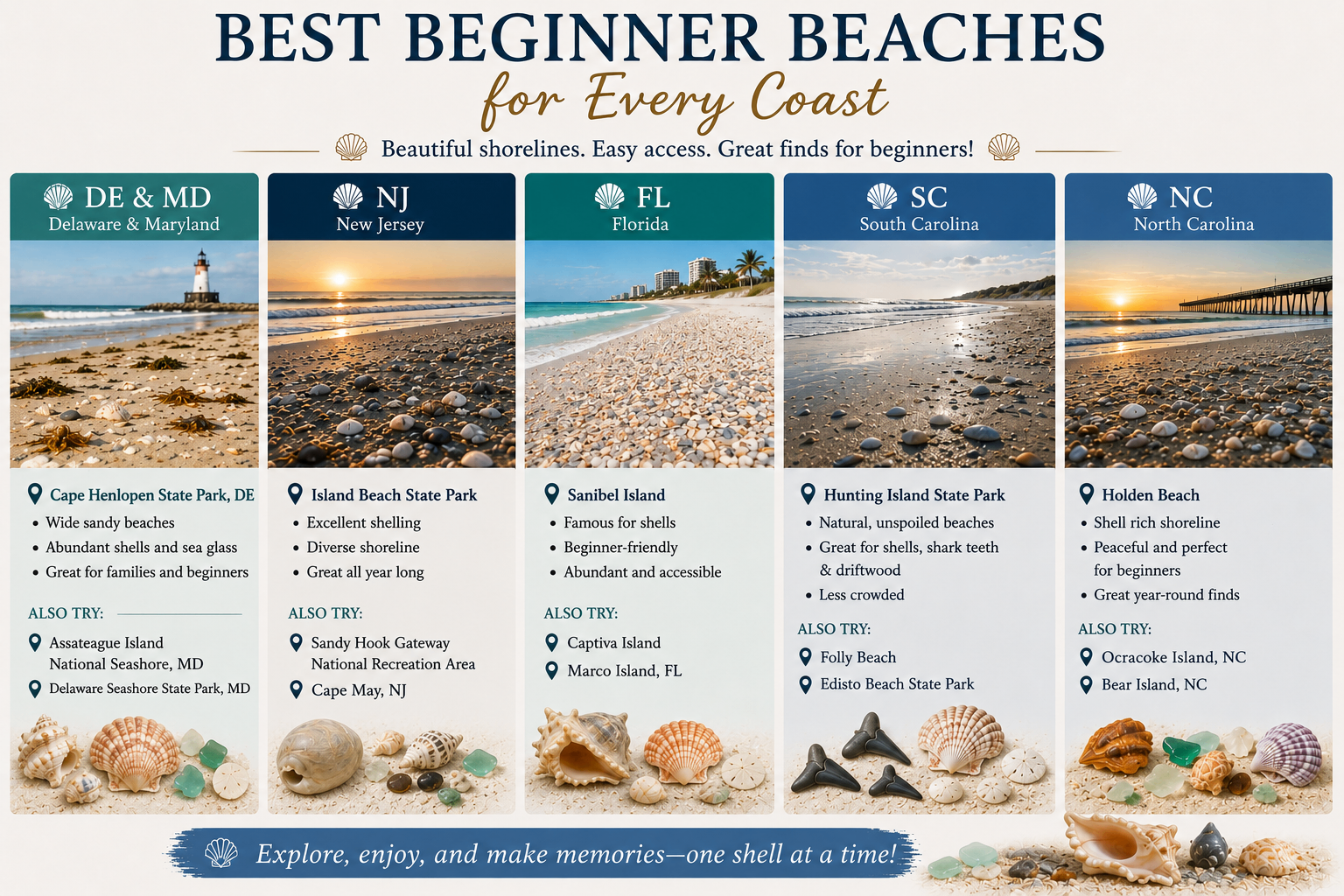 Best beginner beaches infographic comparing beginner-friendly shelling spots across Delaware and Maryland, New Jersey, Florida, South Carolina, and North Carolina