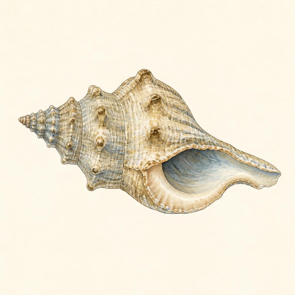 Watercolor illustration of a knobbed whelk shell showing its spire, whorls and aperture