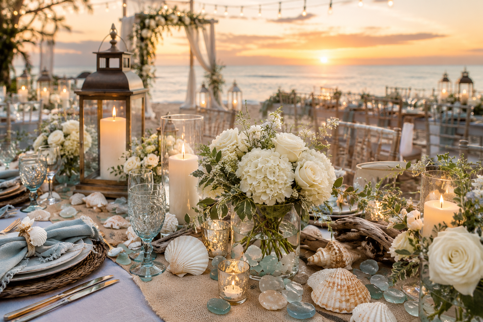 Elegant coastal wedding table setting with natural seashells and candles at sunset
