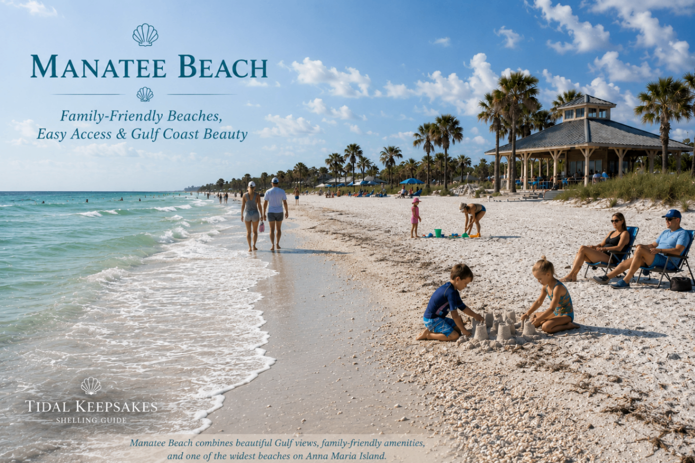 Manatee Beach on Anna Maria Island with families, white sand, and Gulf Coast shells near the tide line