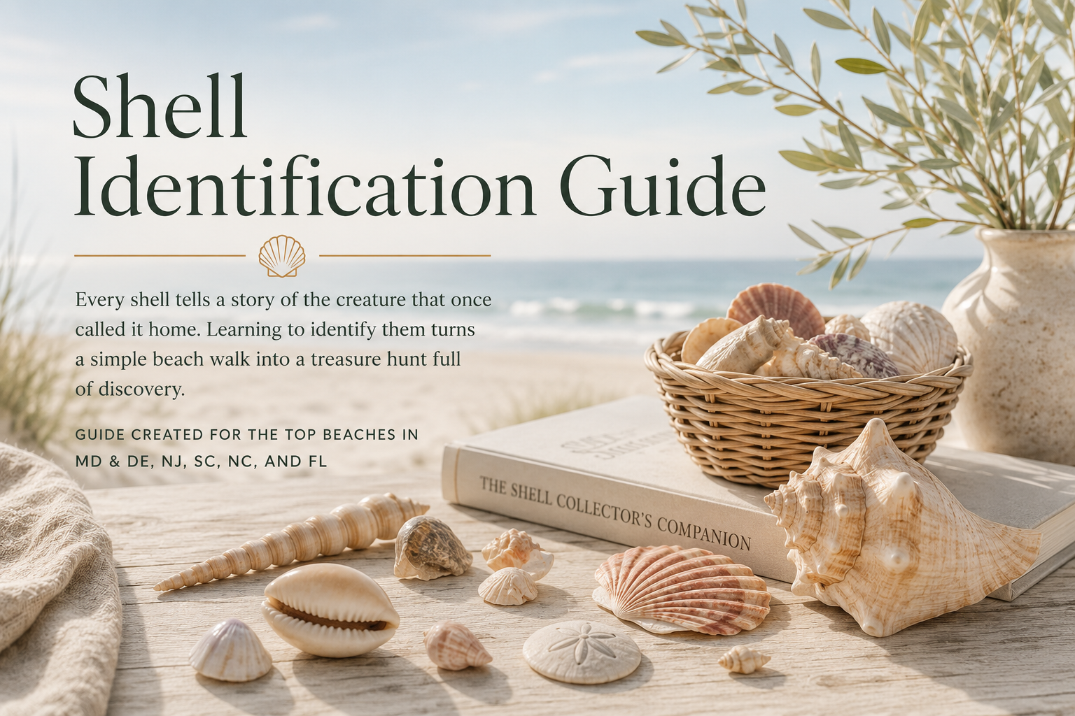 Shell Identification Guide header with a basket of seashells, a conch, and a coastal field book on a sunlit beach table