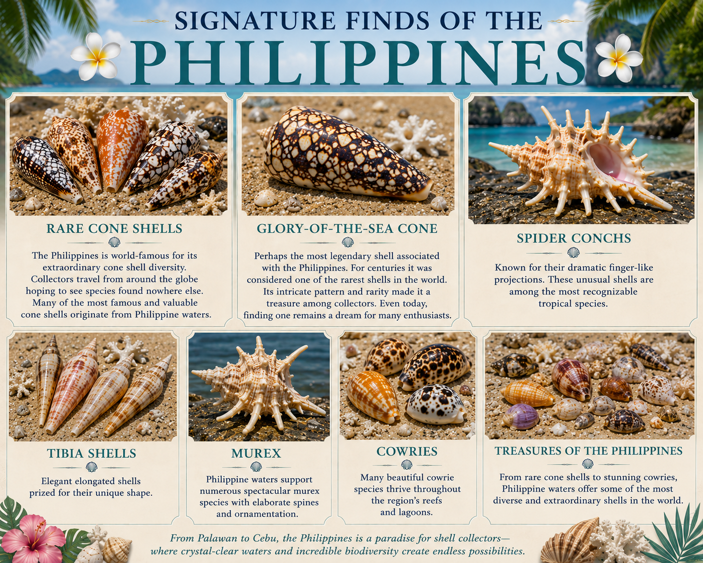 Signature finds of the Philippines: rare cone shells, Glory-of-the-Sea cone, spider conchs, tibia shells, murex, and cowries