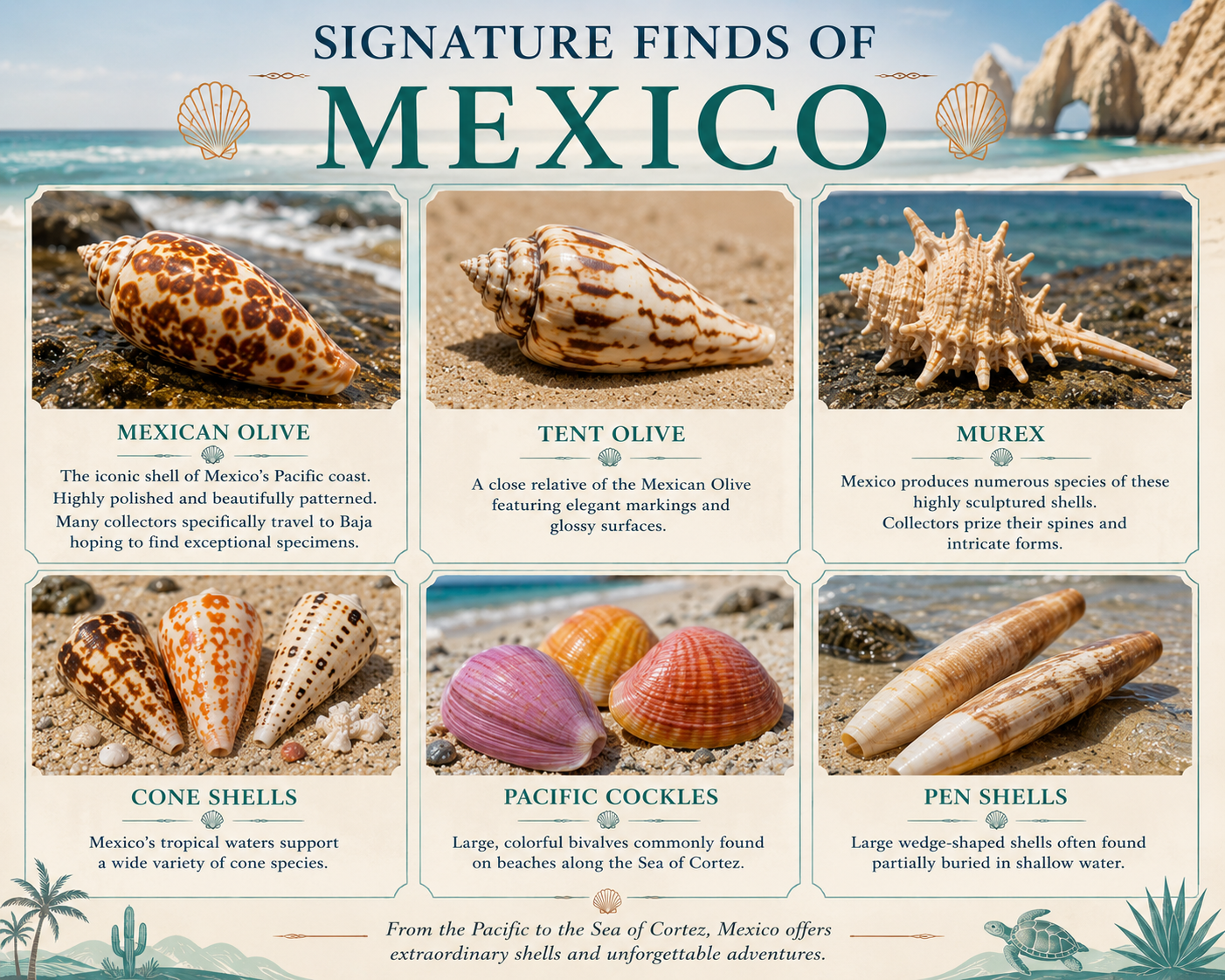 Signature finds of Mexico: Mexican olive, tent olive, murex, cone shells, Pacific cockles, and pen shells