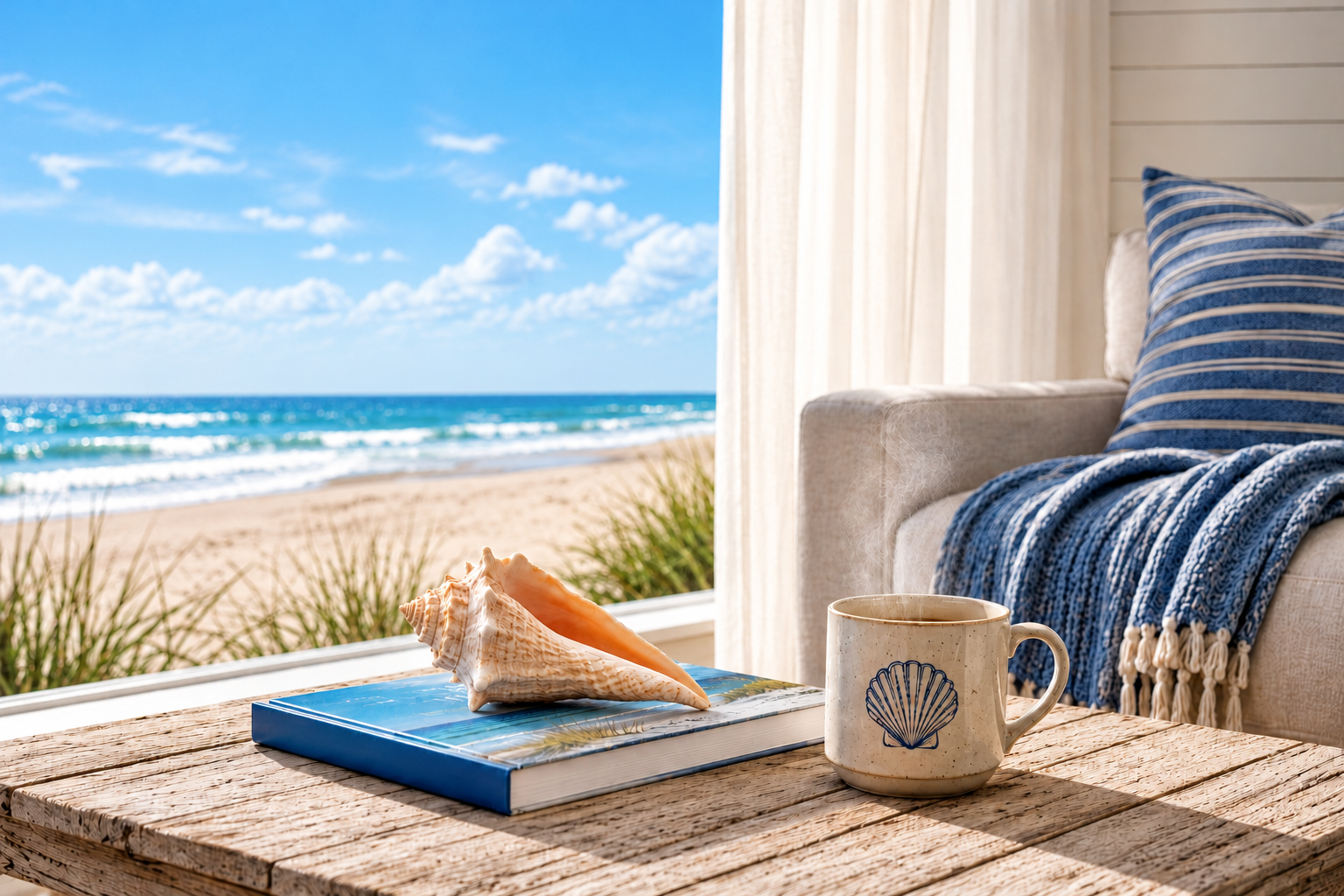 Coastal living room vignette with ocean view, shell, mug, and blue striped throw