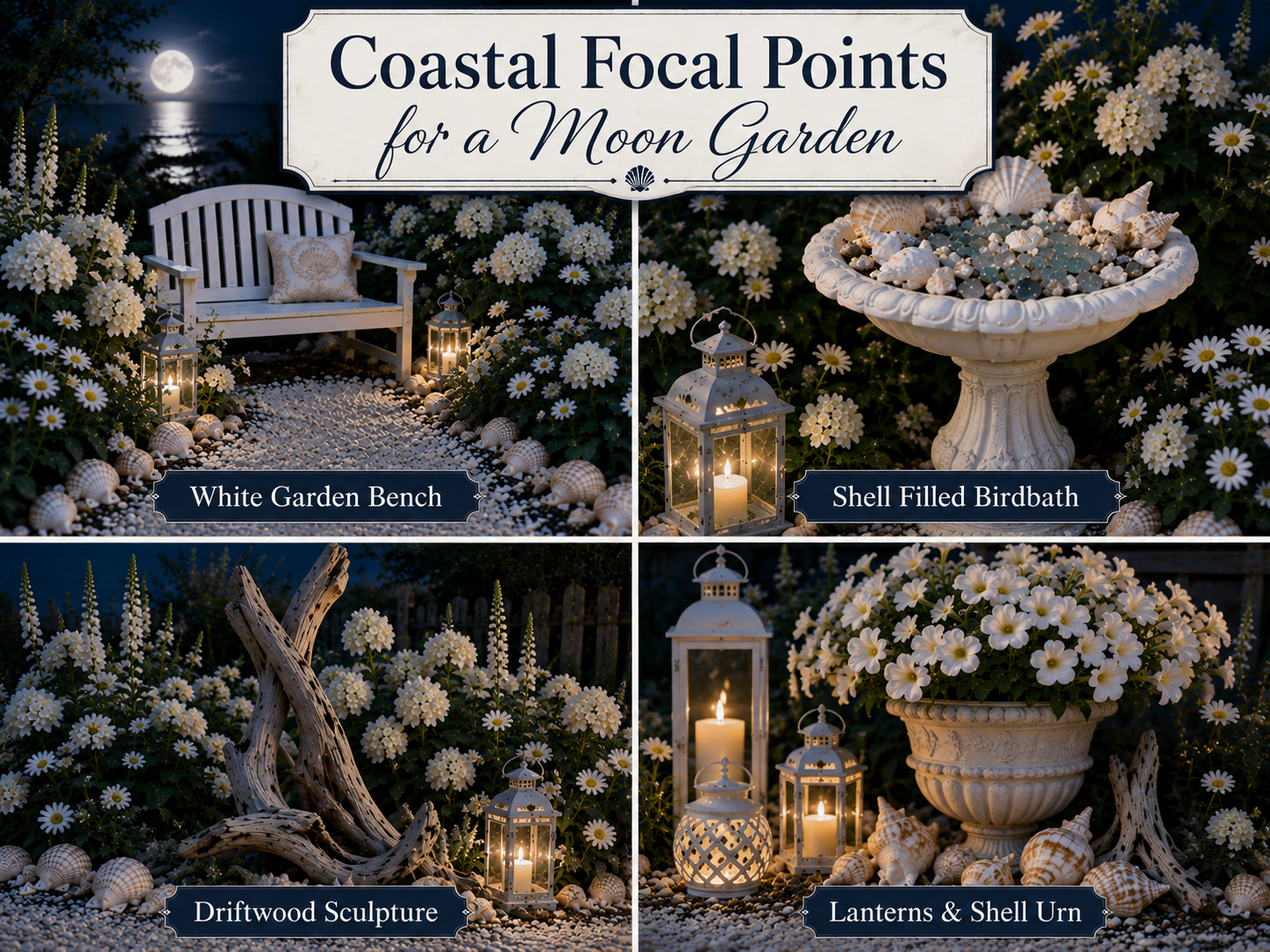 Seashells and driftwood used as coastal focal points in a moonlit white garden
