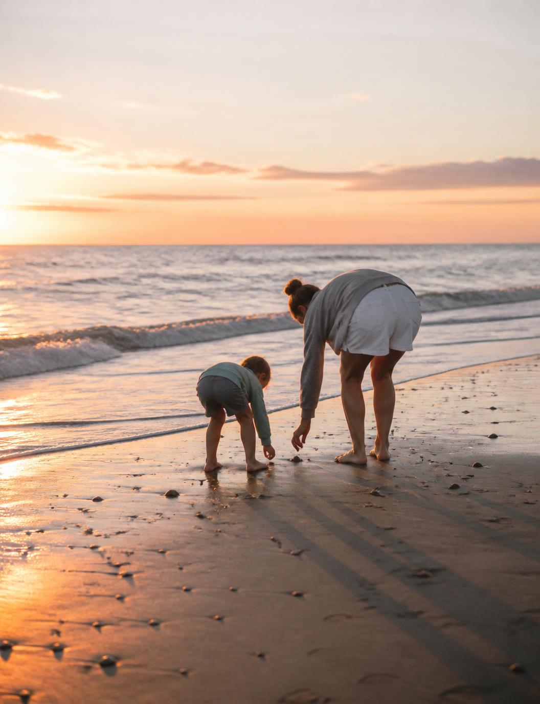 A parent and young child beachcombing together along the shoreline at sunrise
