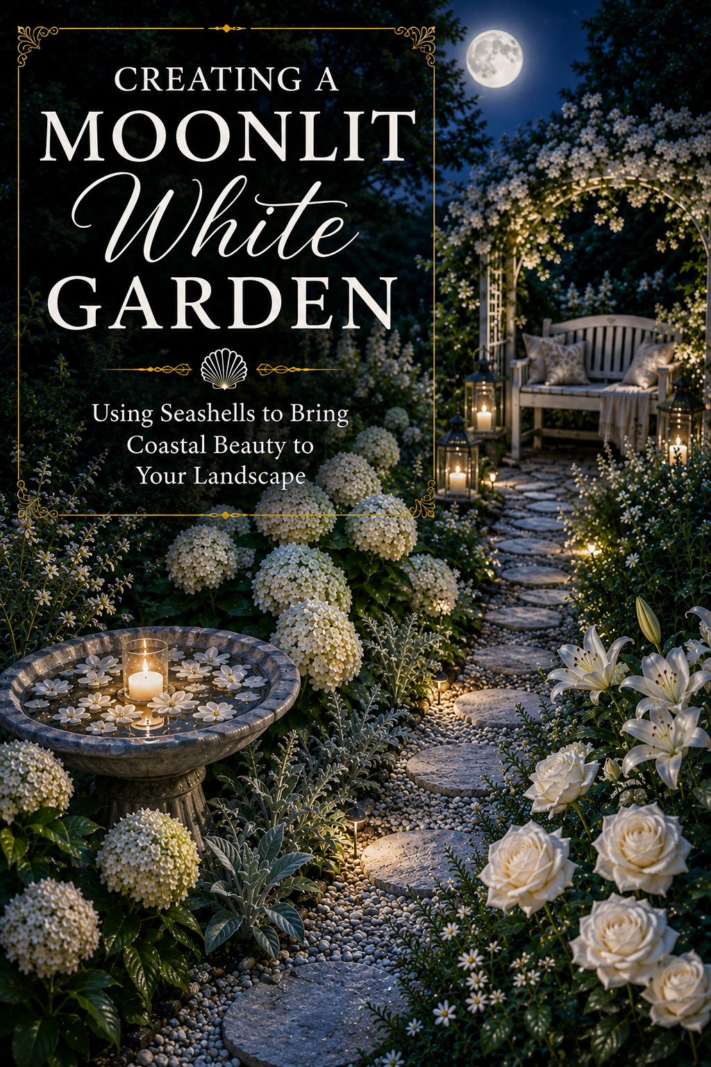 A moonlit white garden glowing under a full moon with white hydrangeas, roses, lilies, silver foliage, lanterns, and a shell-edged stone path