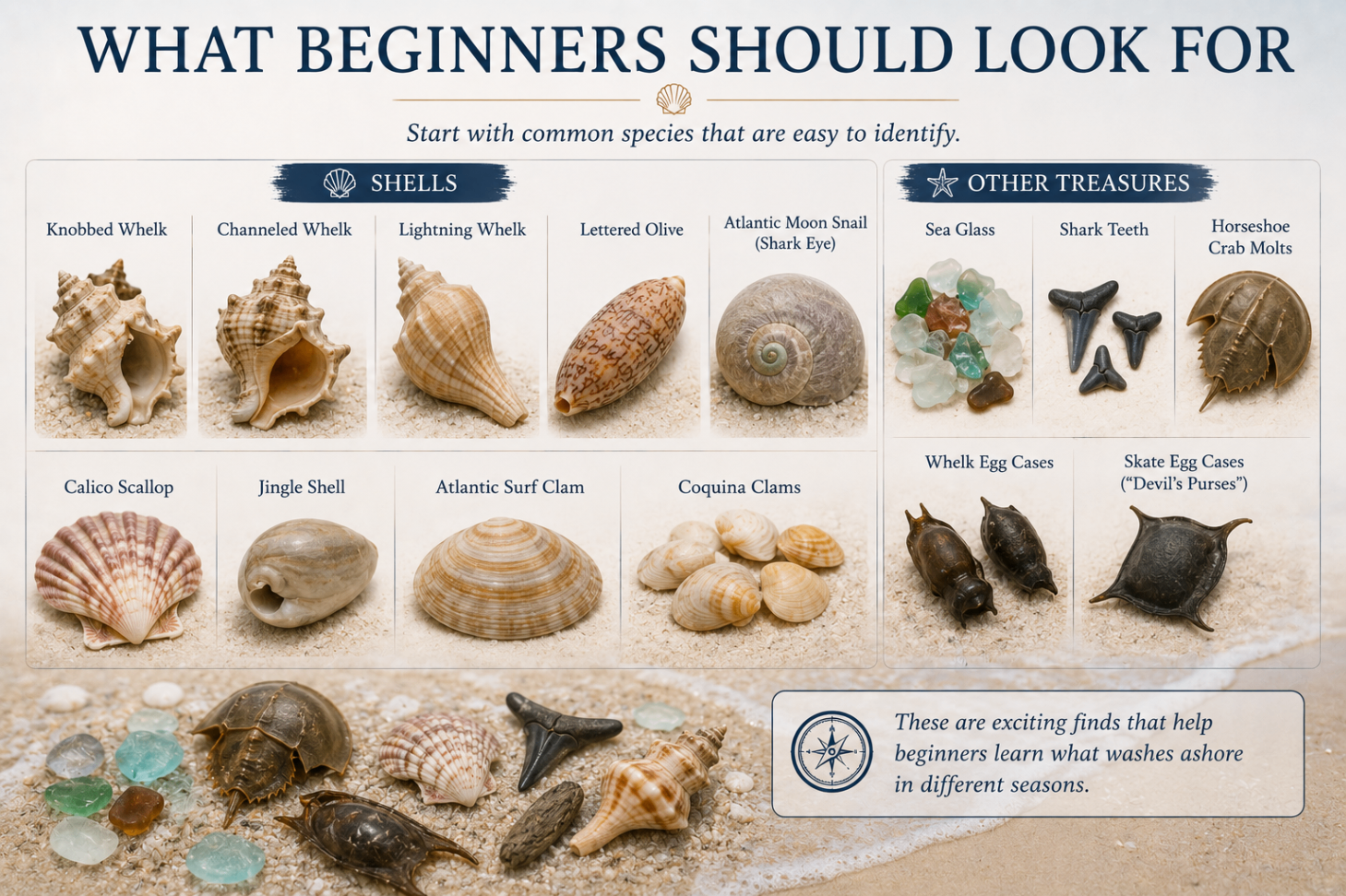 What beginners should look for reference showing easy-to-identify shells and other shoreline treasures like sea glass, shark teeth, and egg cases