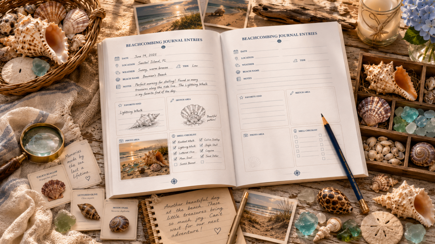 Open Shell Discovery Journal beside gathered shells