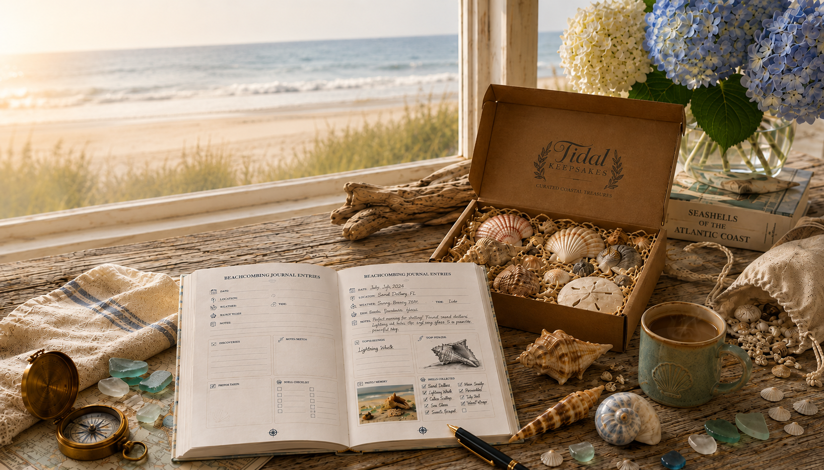 Coastal keepsakes styled with shells, sea glass, and linen — Tidal Keepsakes