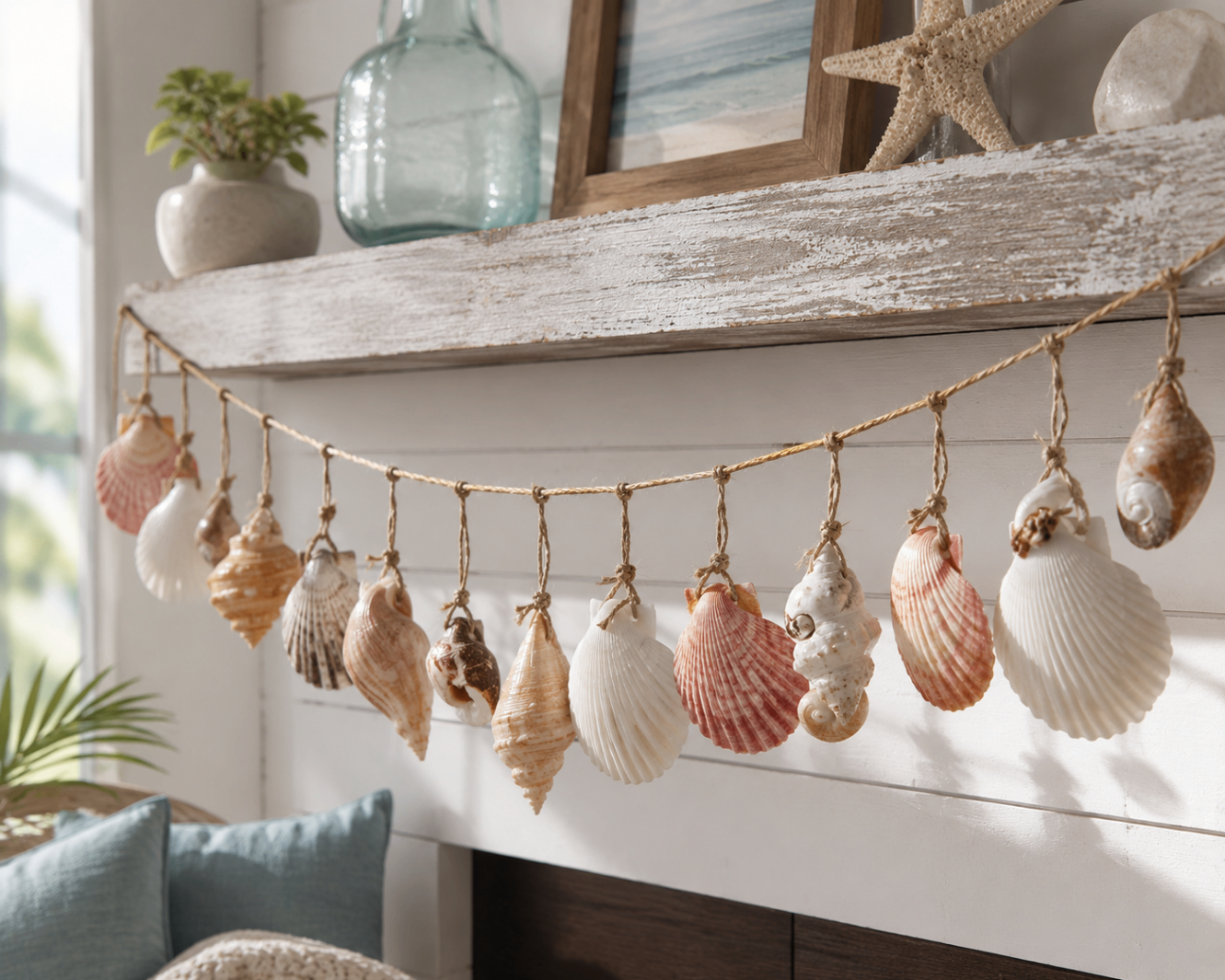 A handmade seashell garland on twine hanging in front of a sunny window