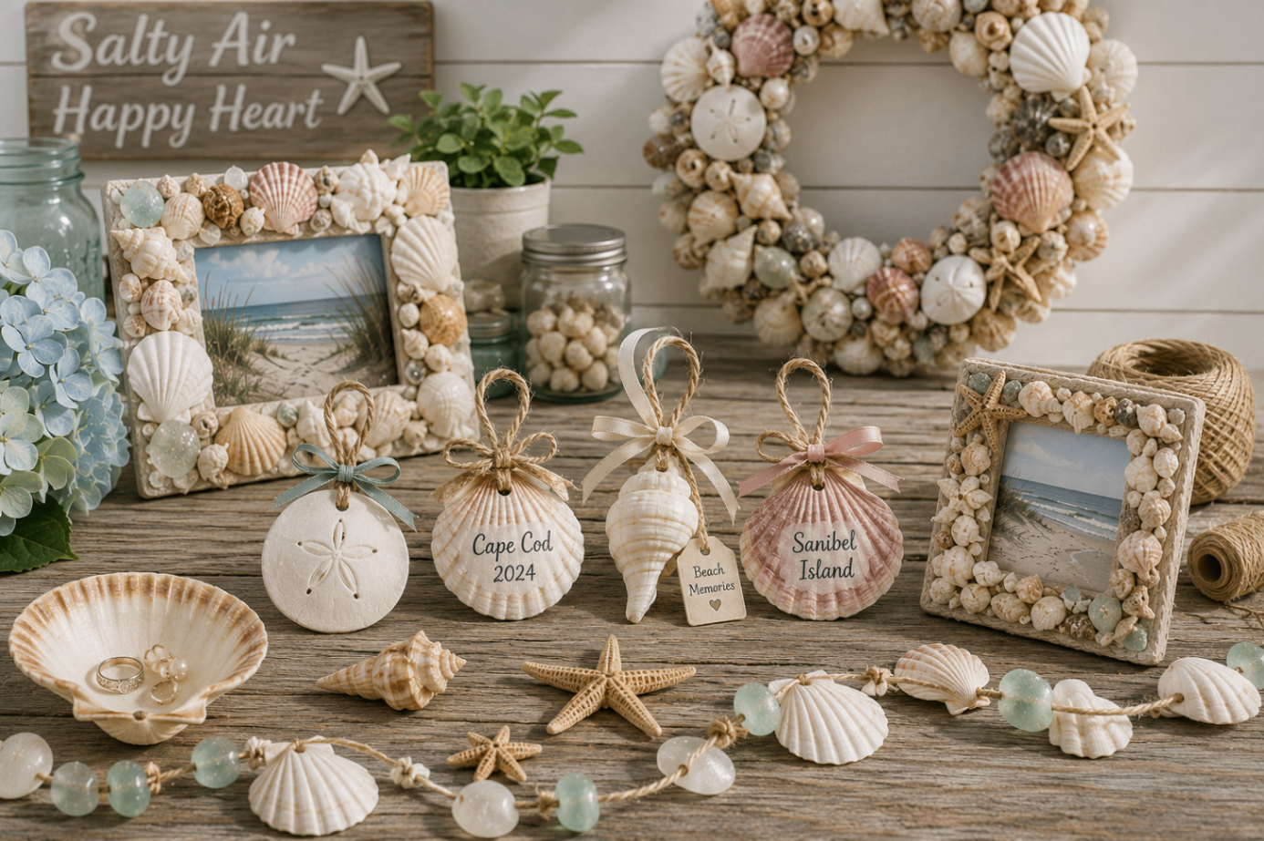A craft table displaying shell ornaments, picture frames, garlands, and other handmade coastal projects