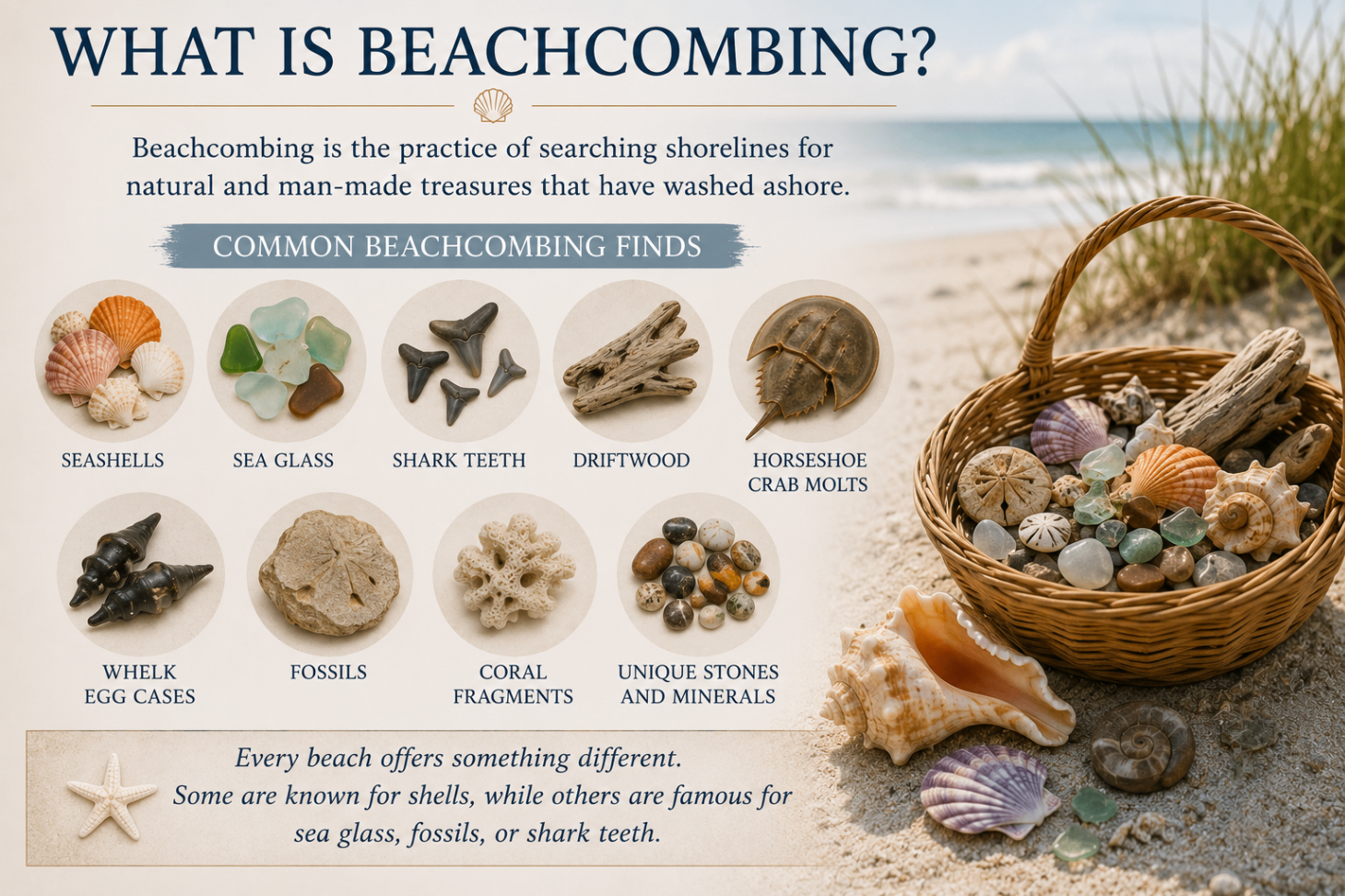 What is beachcombing infographic showing common finds like seashells, sea glass, shark teeth, driftwood, fossils, coral fragments, and unique stones
