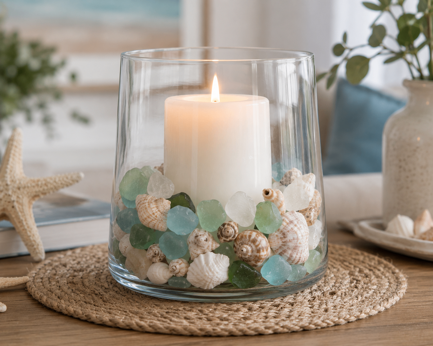 A hurricane vase candle holder surrounded by sea glass and small shells
