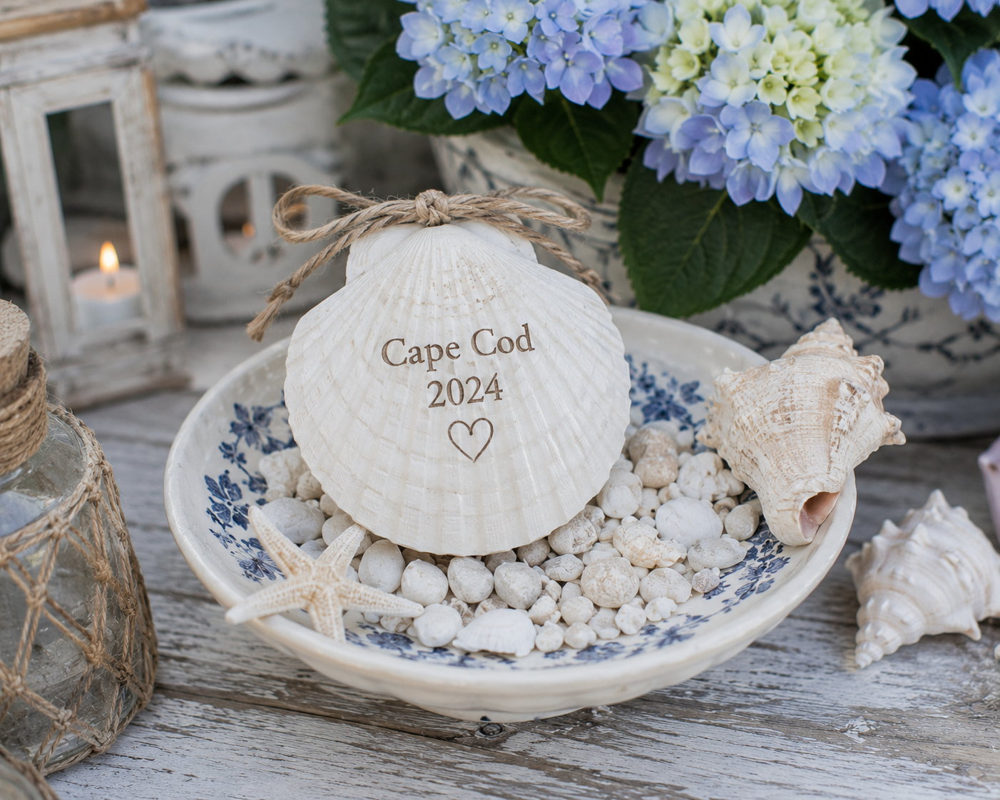 Personalized shell ornament engraved with Cape Cod 2024 in a blue-and-white coastal setting