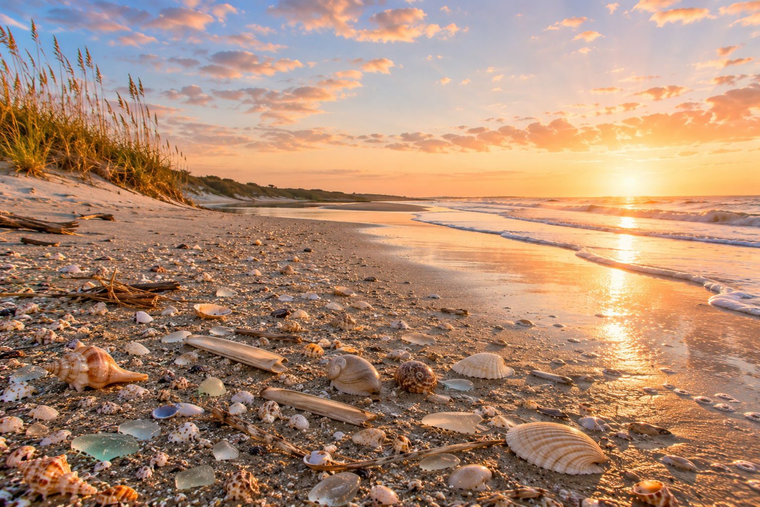 Atlantic barrier-island beach at sunset with a wrack line of whelks, cockles, sea glass, and razor clams.