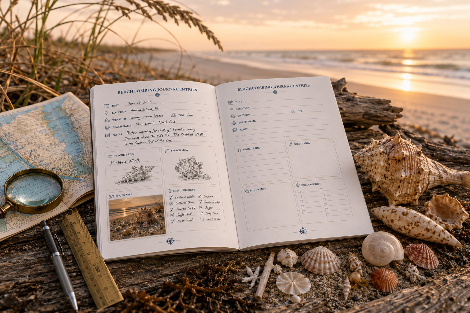 An open Shell Discovery Journal resting on driftwood at sunrise, filled in with an Amelia Island entry beside a magnifying glass, coastal map, and freshly gathered Atlantic shells.