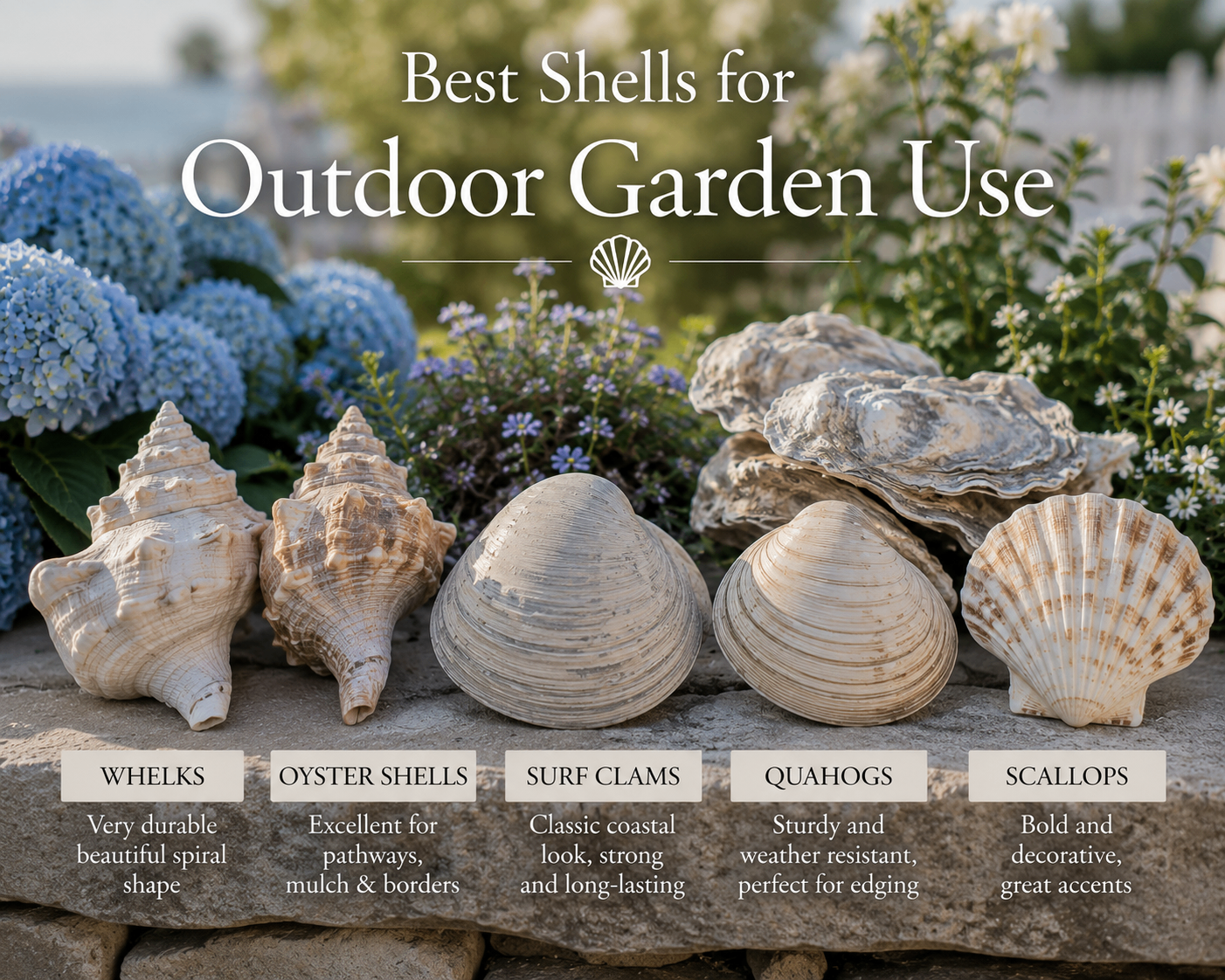 A labeled arrangement of durable shells for outdoor garden use including whelks, oyster shells, surf clams, quahogs, and scallops