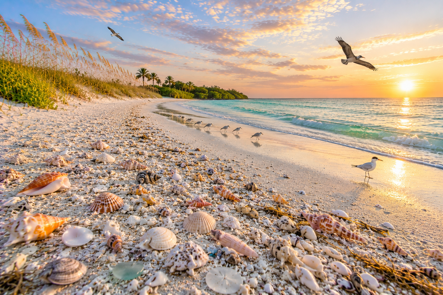 Florida Shelling Guide — a wide tropical Gulf Coast beach at sunrise with dense seashell deposits, shorebirds, palms, and turquoise water.