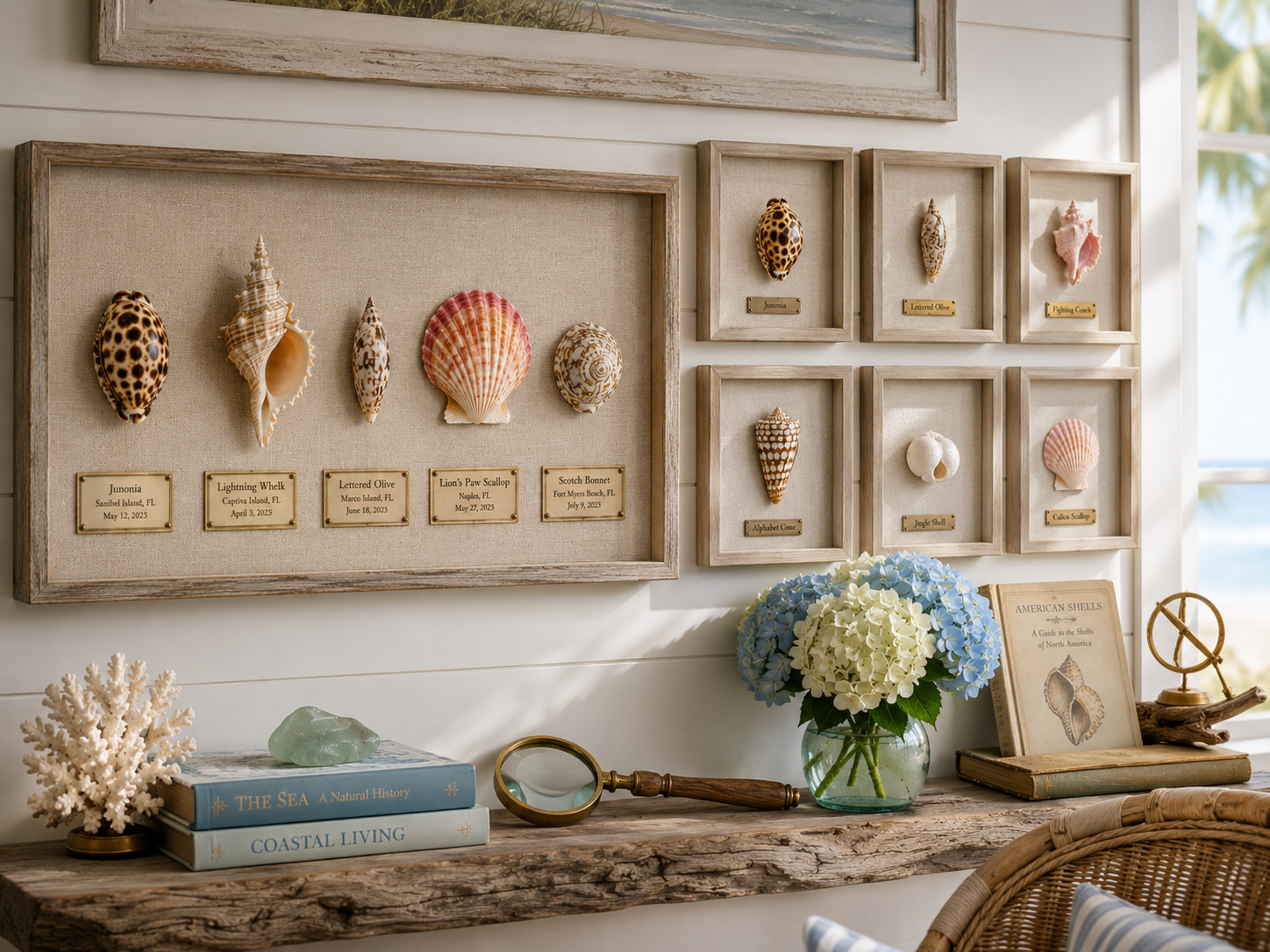 Linen-backed shadow boxes and framed shells arranged as a coastal wall display