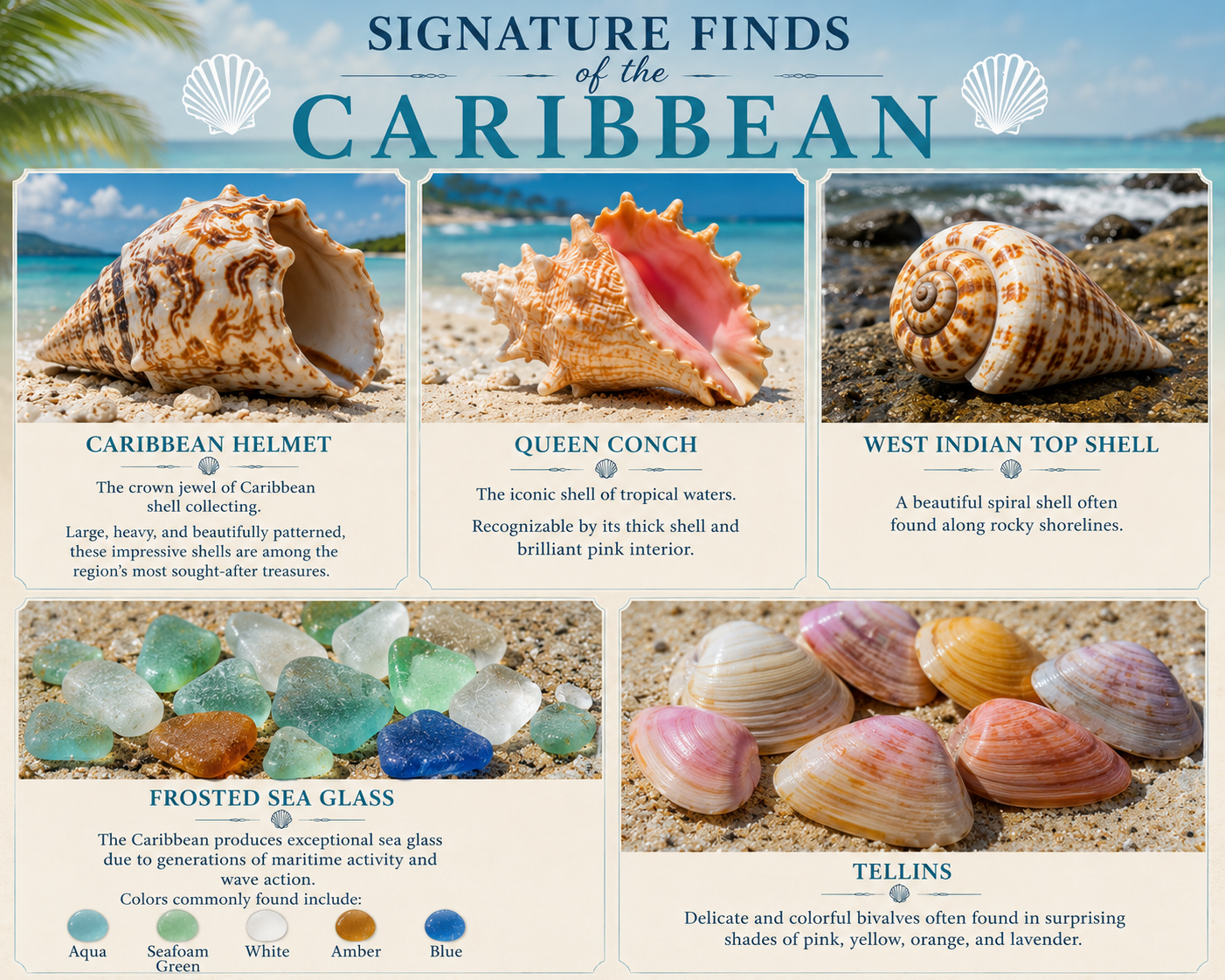 Signature shells of the Caribbean infographic featuring the Caribbean Helmet, Queen Conch, West Indian Top Shell, frosted sea glass, and tellins