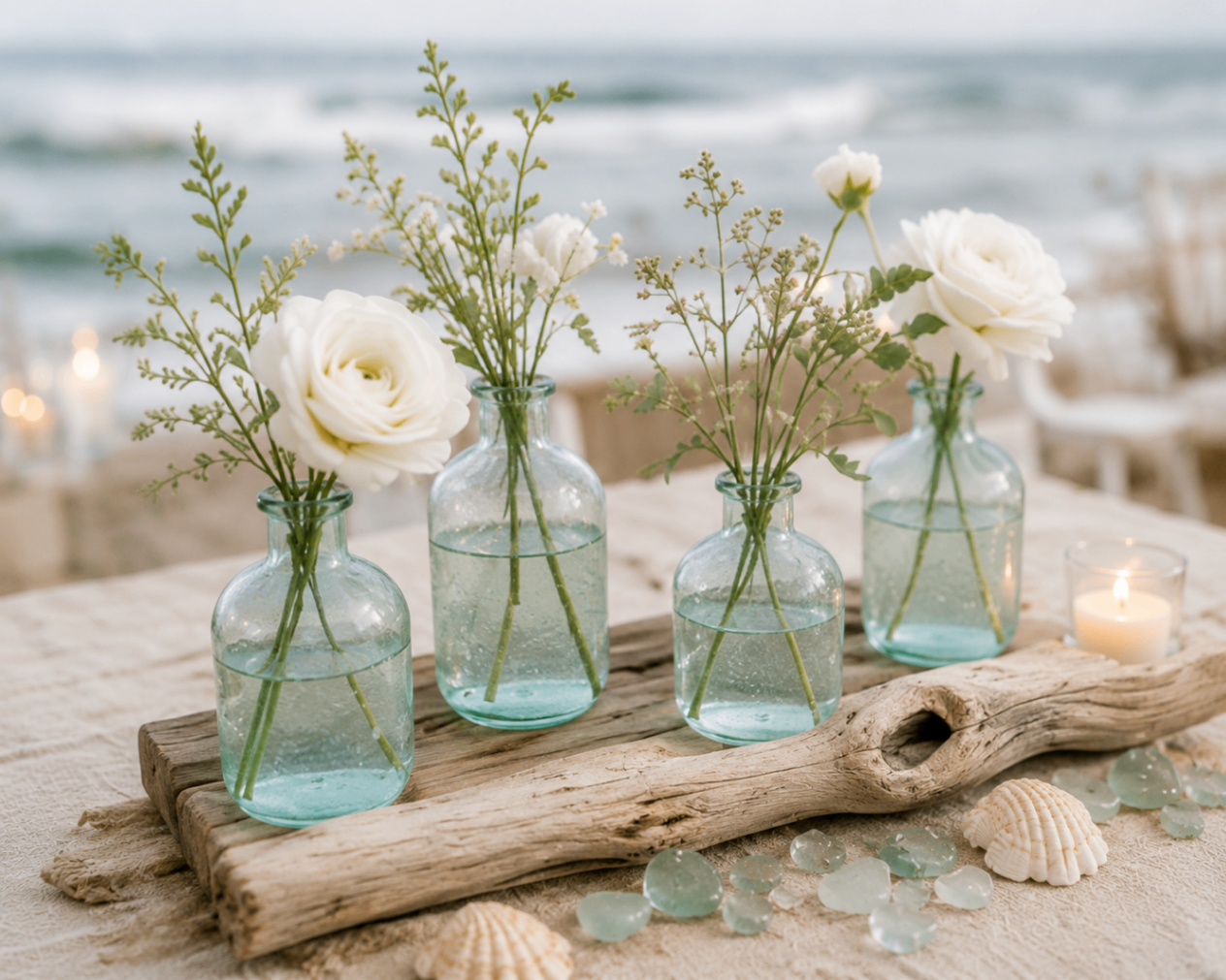 A rustic wood table featuring clusters of sea glass vases with white ranunculus and baby's breath