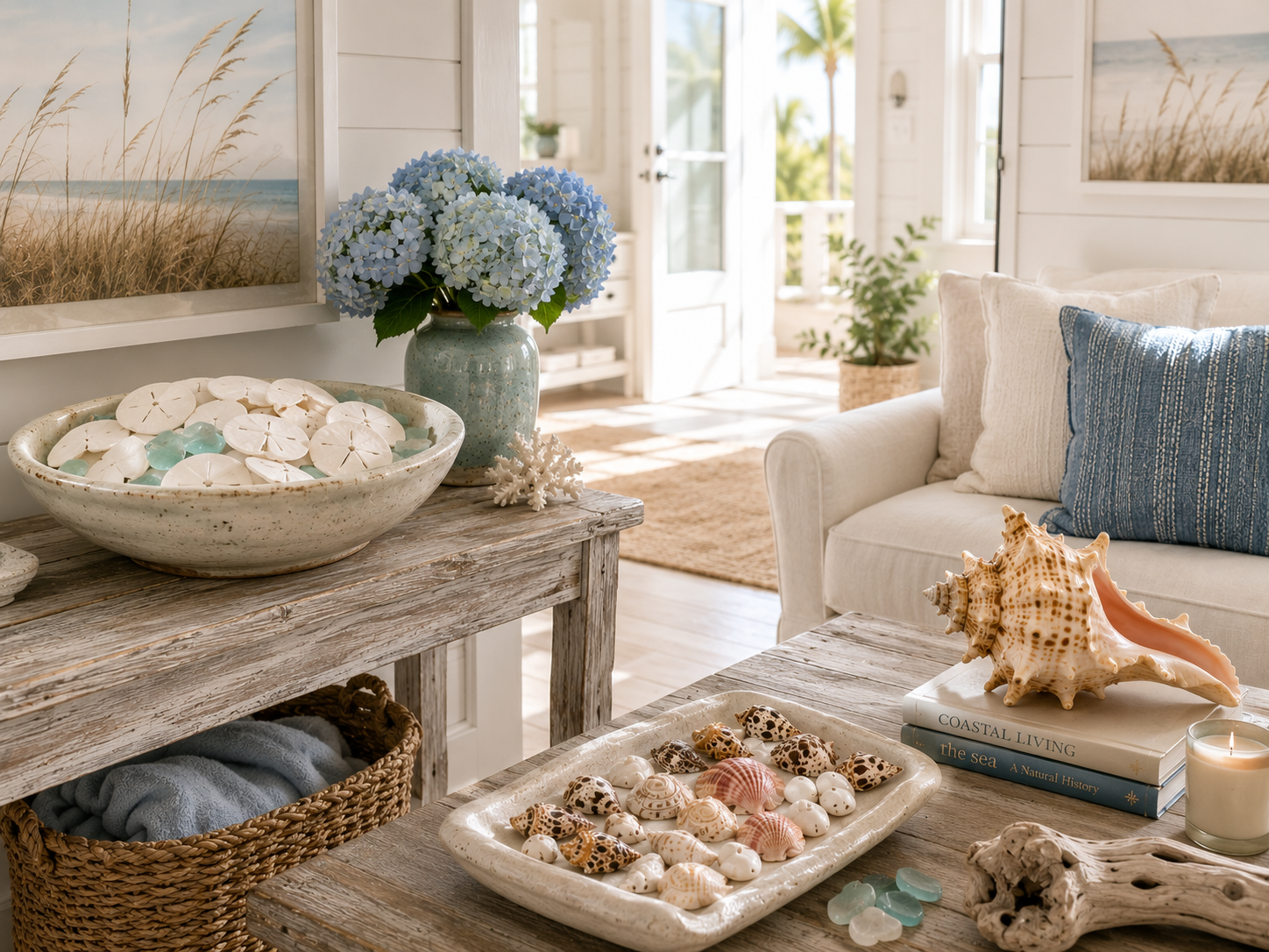A coastal living room styled with a shell-filled bowl and tray displayed on weathered wood tables
