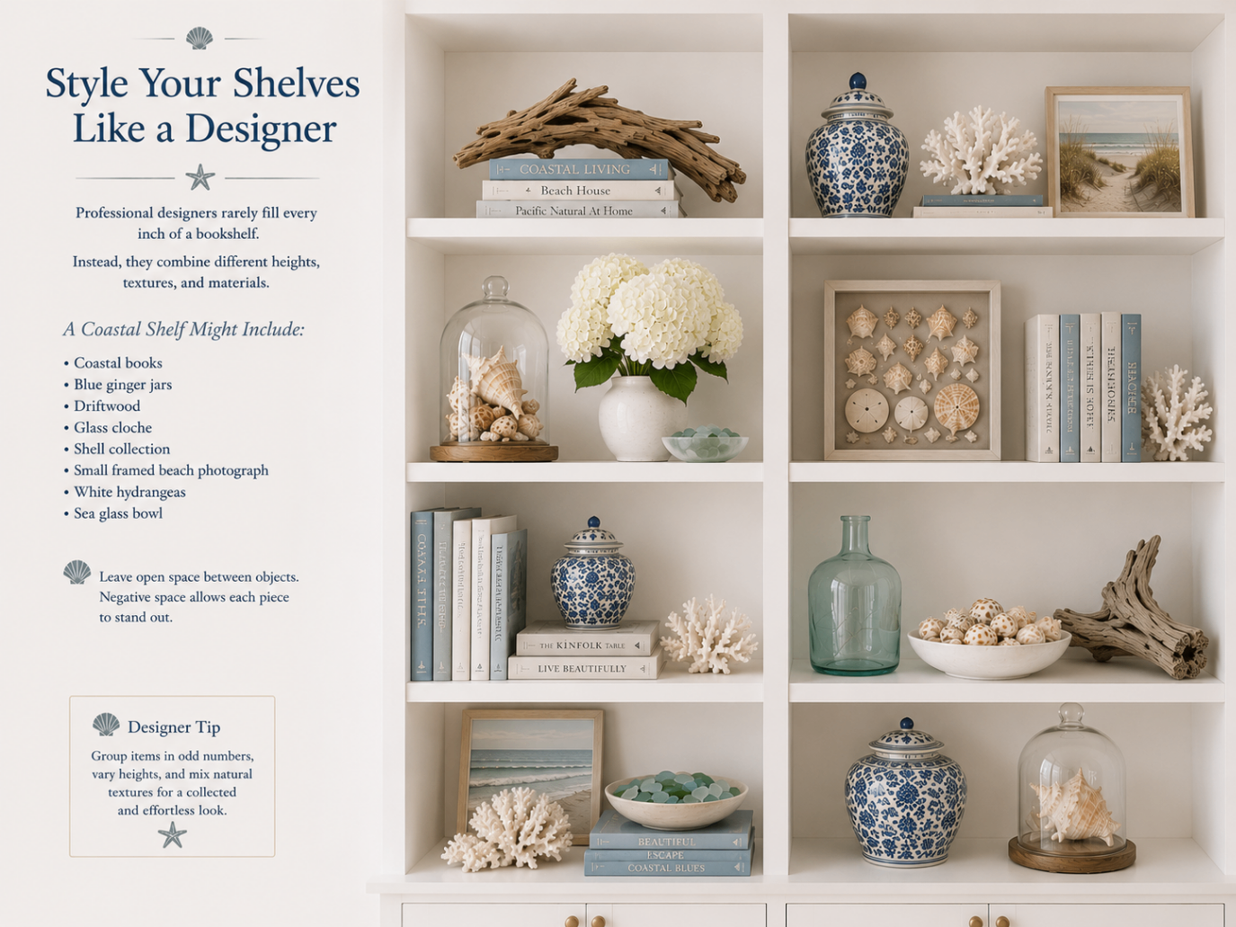 Built-in white bookshelves styled with coastal books, blue ginger jars, white coral, a glass cloche, driftwood, and shell collections