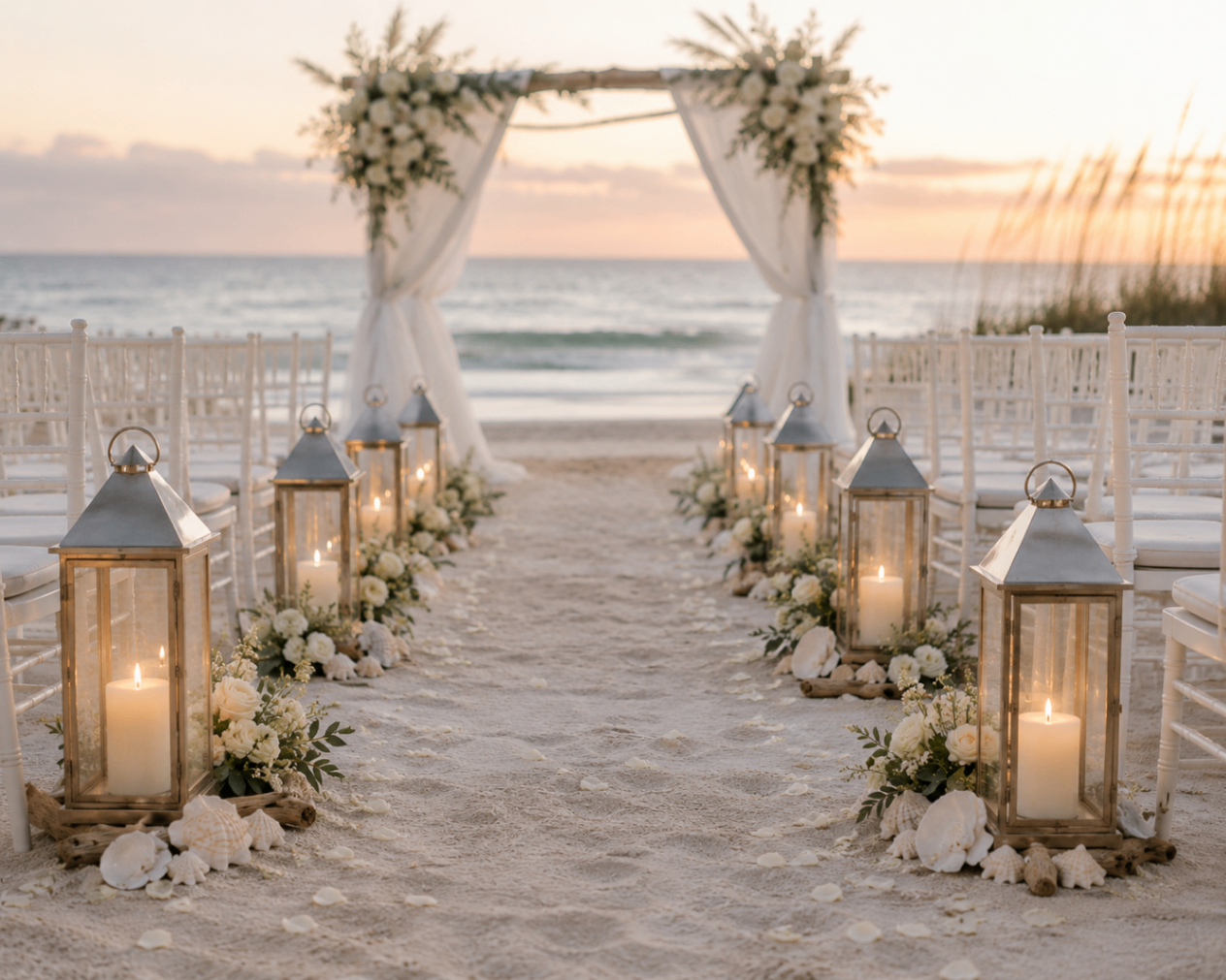 A sandy aisle leading to a driftwood arch framed by lanterns and shells