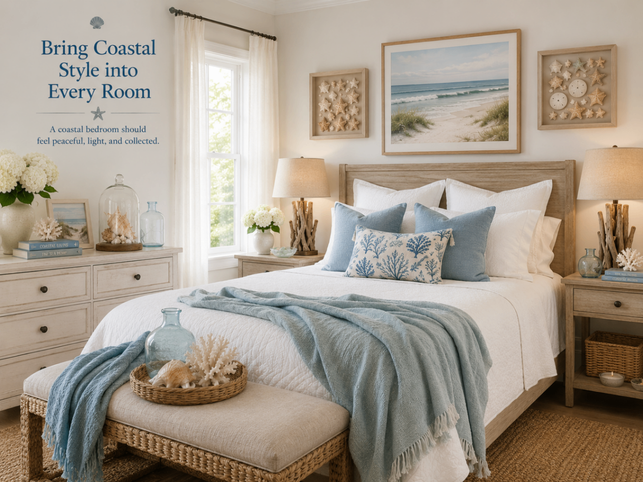 Bright coastal bedroom with white bedding, linen throws, driftwood lamps, blue accents, a shell shadow box, white hydrangeas, and ocean artwork