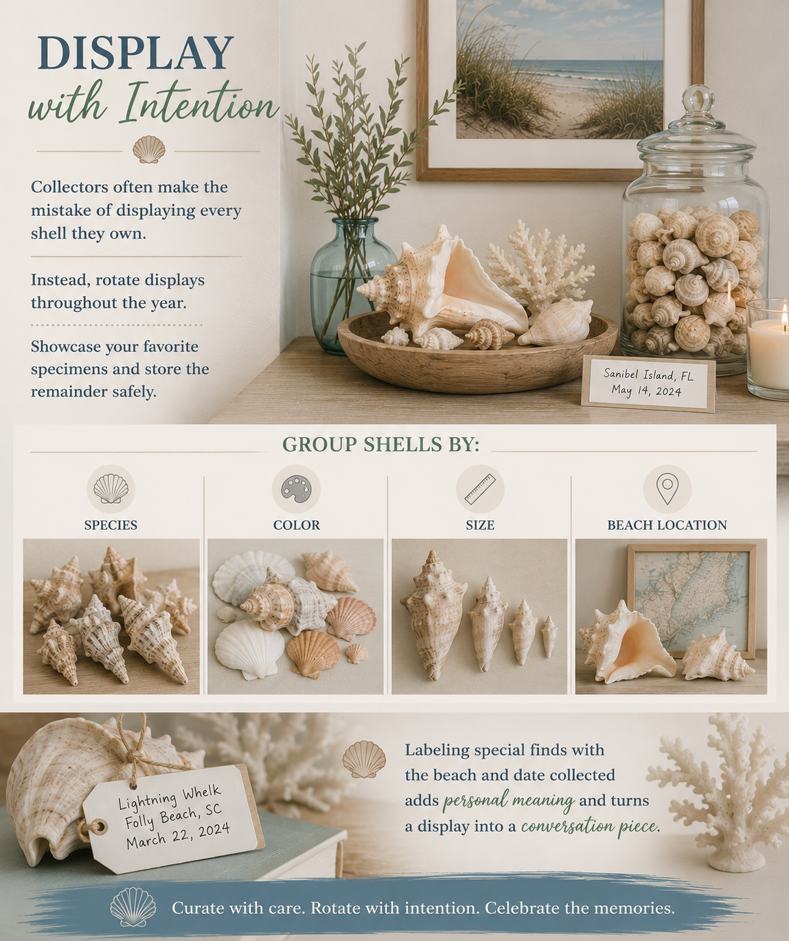 Coastal shell display ideas showing grouped shells and labeled keepsakes