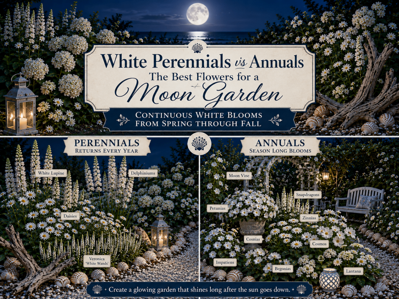 White annuals and perennials with silver foliage in a coastal moon garden