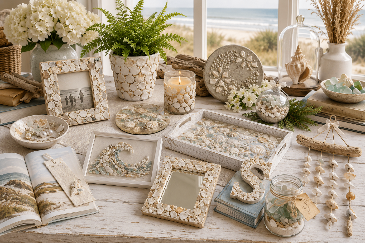 A coastal tabletop styled with 15 broken seashell craft ideas including a mosaic picture frame, shell jewelry dish, decorated flower pot, resin coaster, shell wave art, mirror, serving tray, monogram letter, ornament, and a memory jar