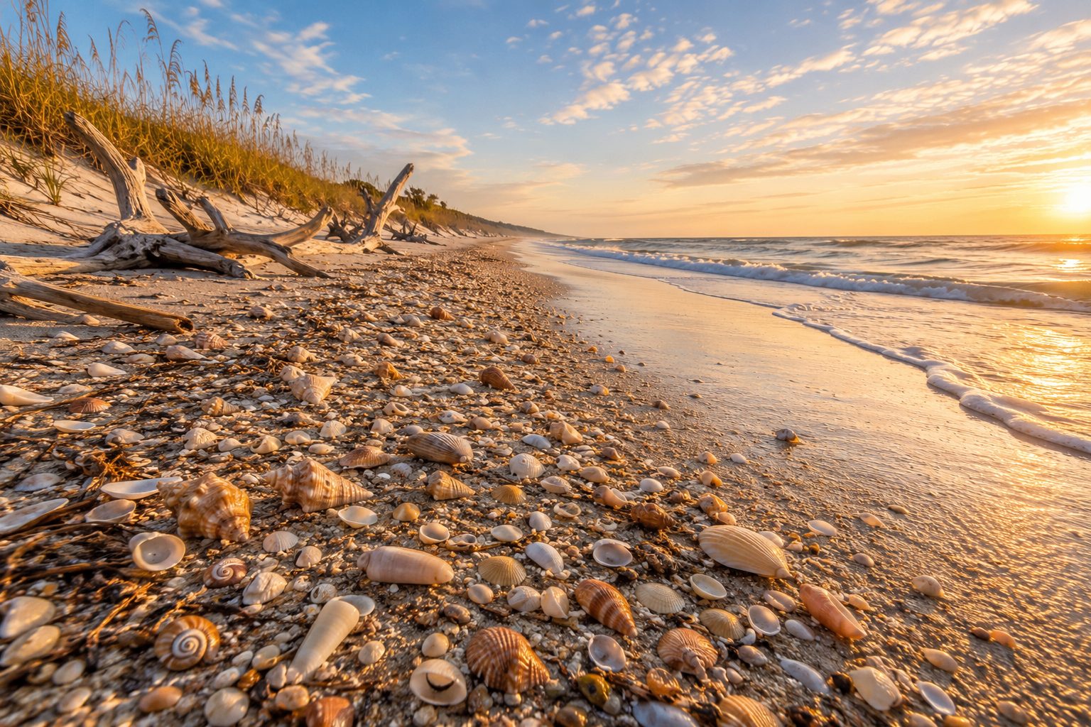 Golden sunrise over Amelia Island with driftwood, sea oats, and a wide shell-strewn shoreline.