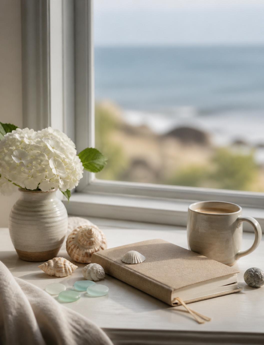 A coastal cottage windowsill with shells, a field journal, sea glass, white hydrangeas and a coffee mug overlooking the sea