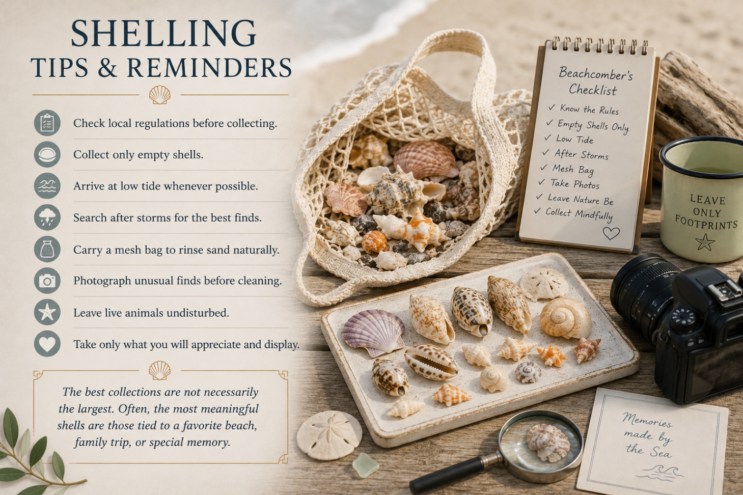 Shelling tips and reminders poster with beachcomber checklist, mesh shell bag, and collected shell examples