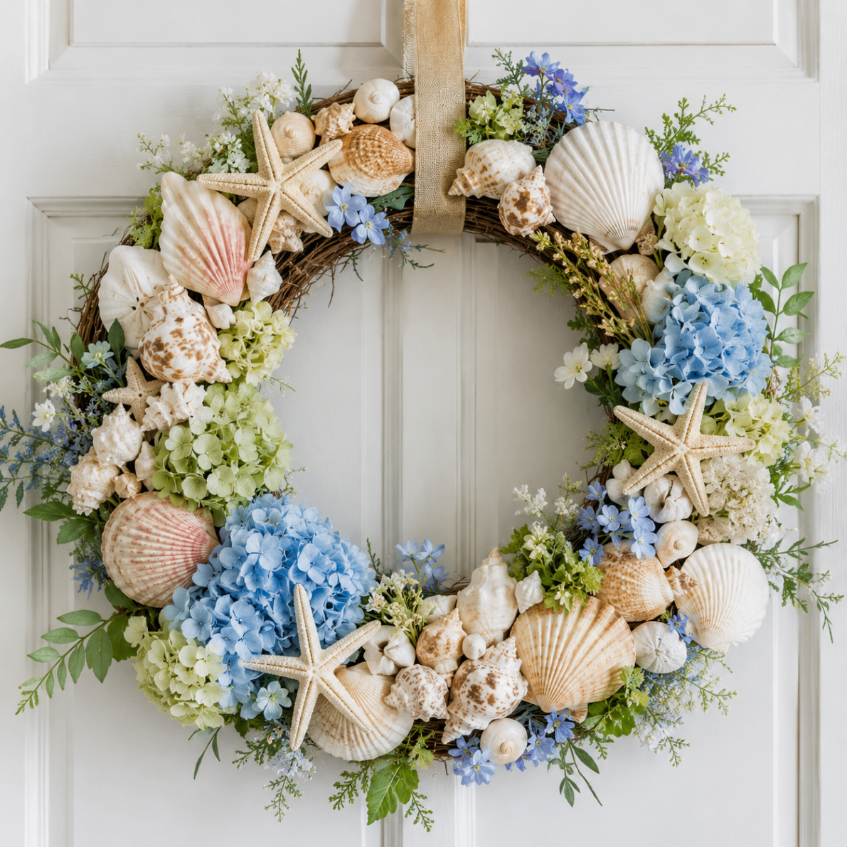 A grapevine wreath decorated with seashells and starfish on a front door