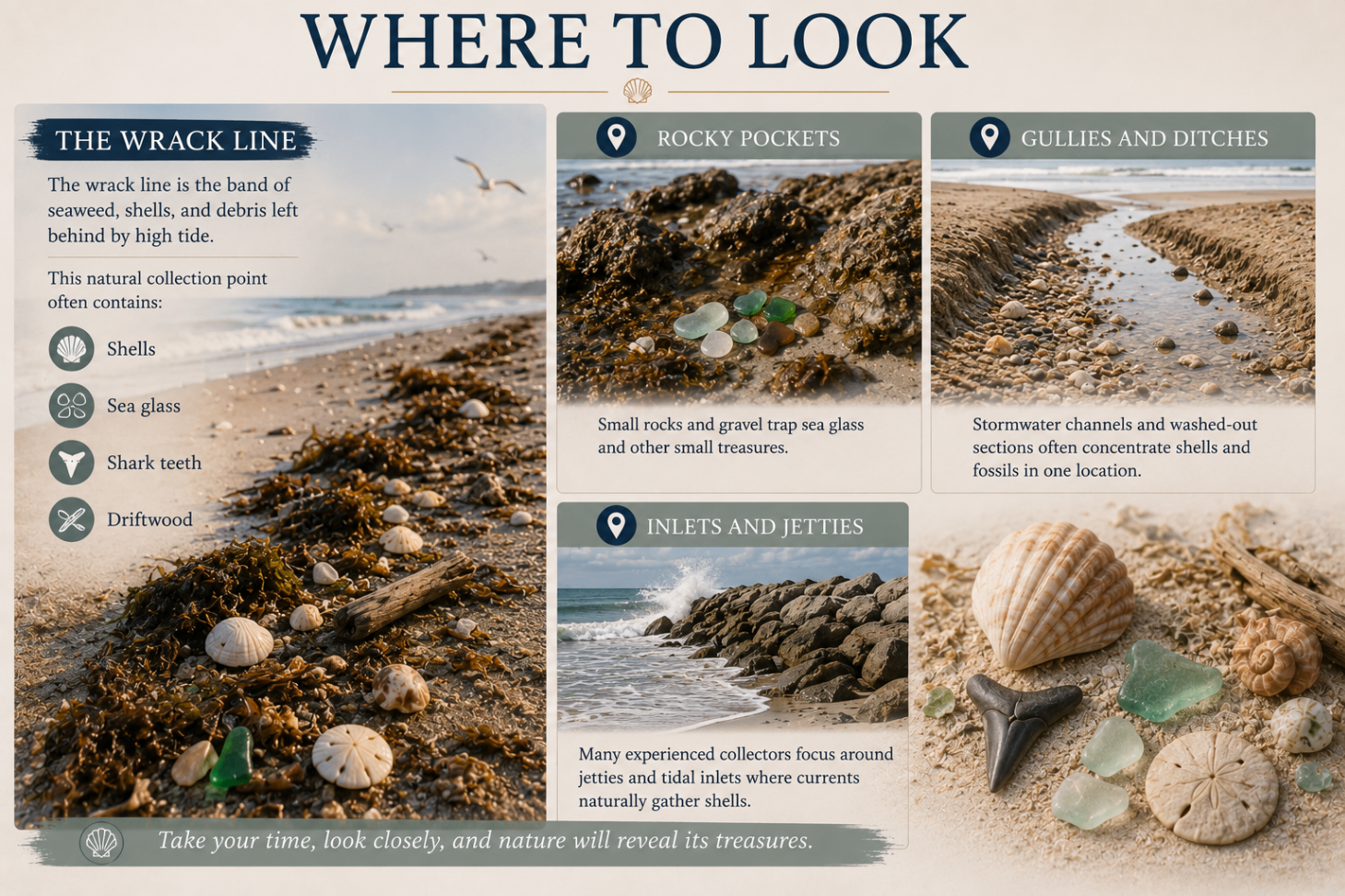 Where to look infographic highlighting the wrack line, rocky pockets, gullies and ditches, and inlets and jetties
