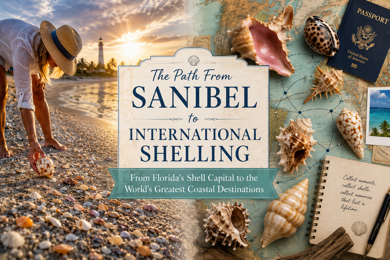 The path from Sanibel to international shelling — a collector on a Florida beach beside a vintage map, passport, and seashells from around the world
