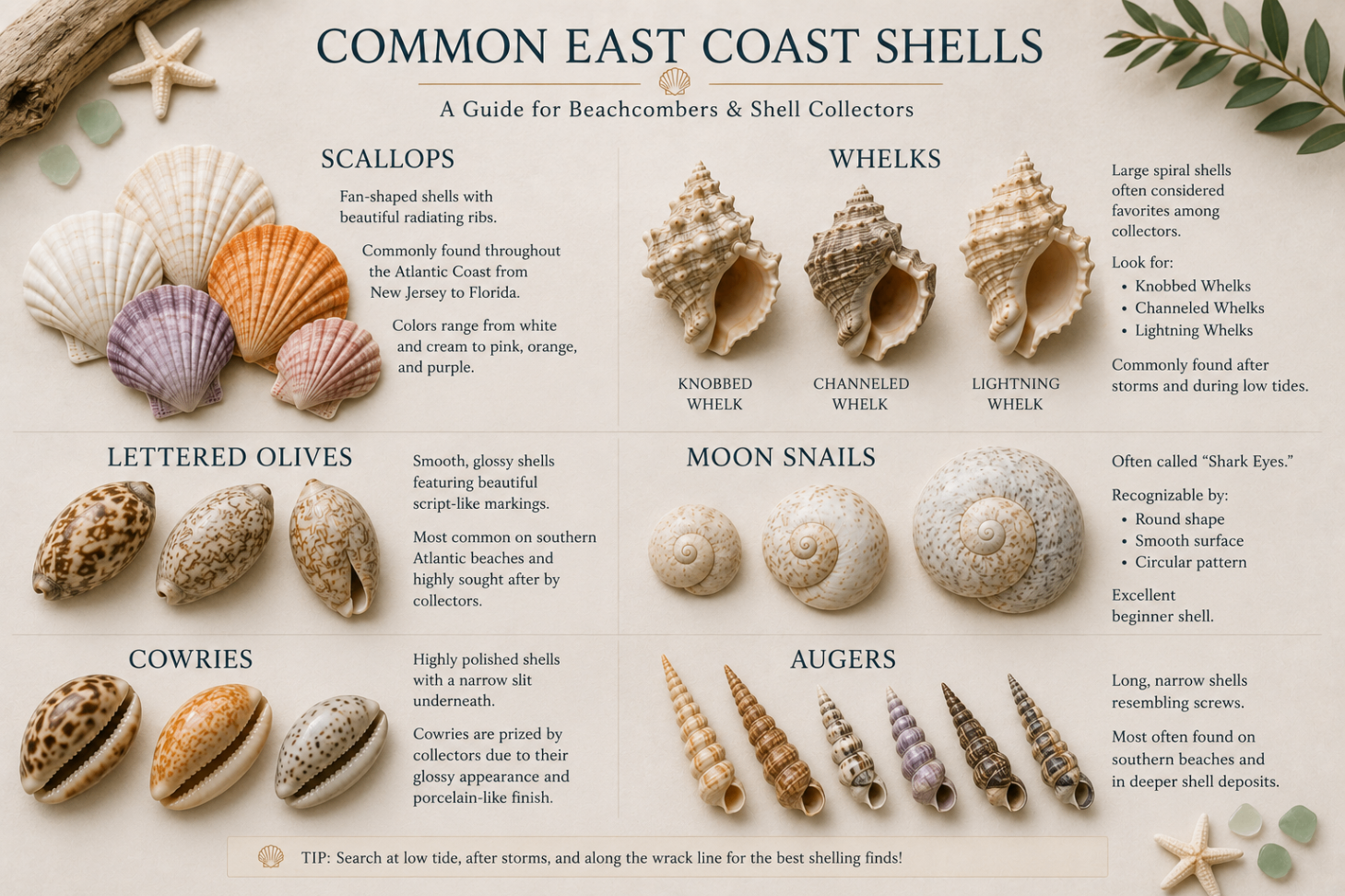 Common East Coast shells chart showing scallops, whelks, lettered olives, moon snails, cowries, and augers