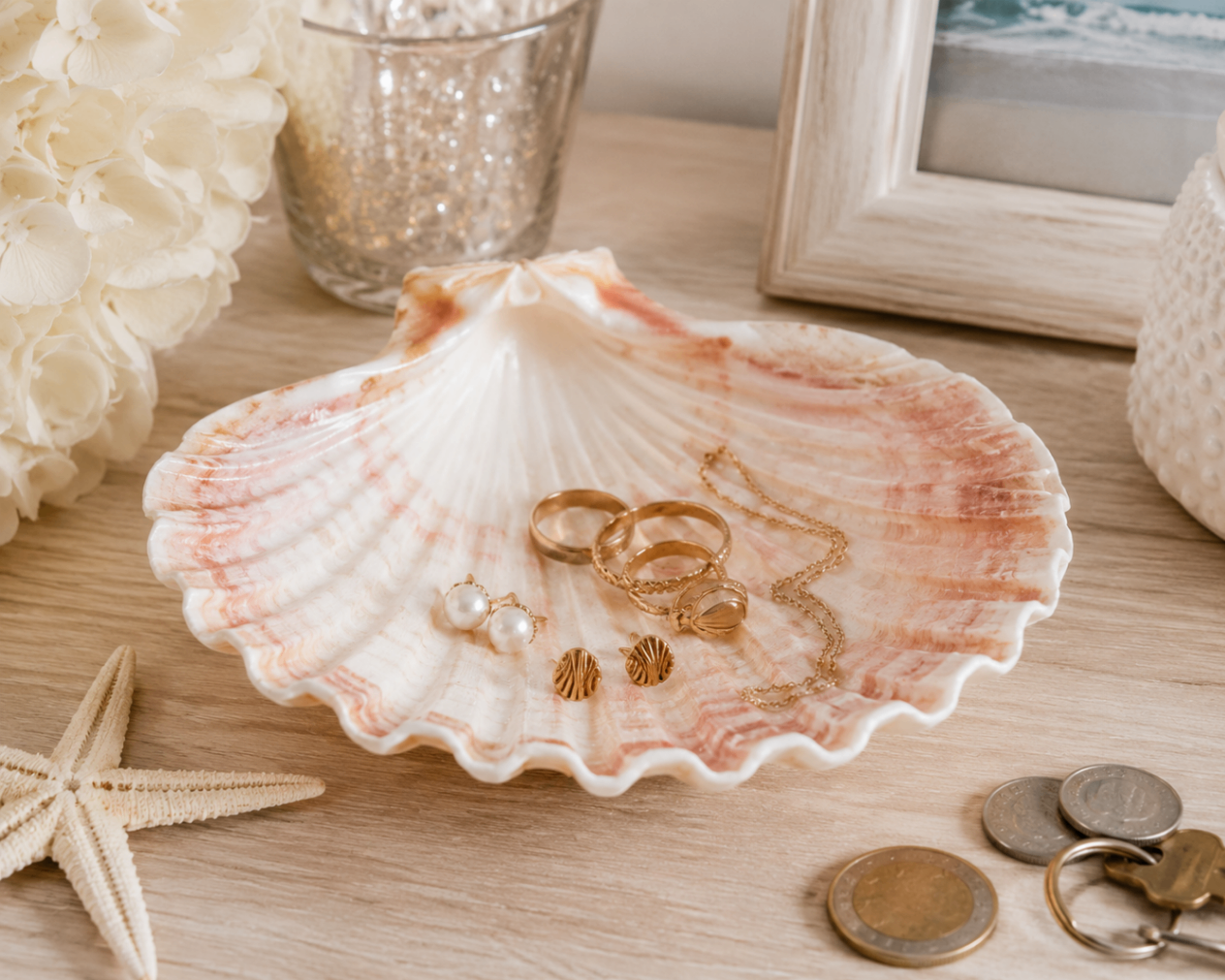 A large scallop shell used as a jewelry catch-all dish on a vanity