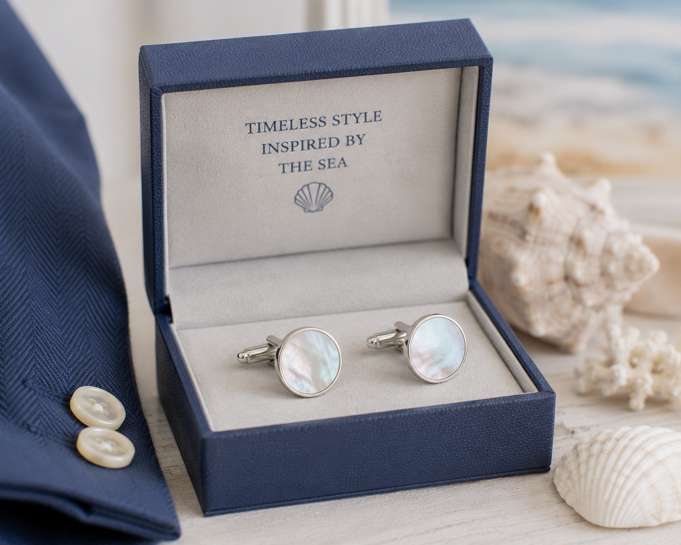 Mother-of-pearl cufflinks displayed in a navy presentation box beside a shell