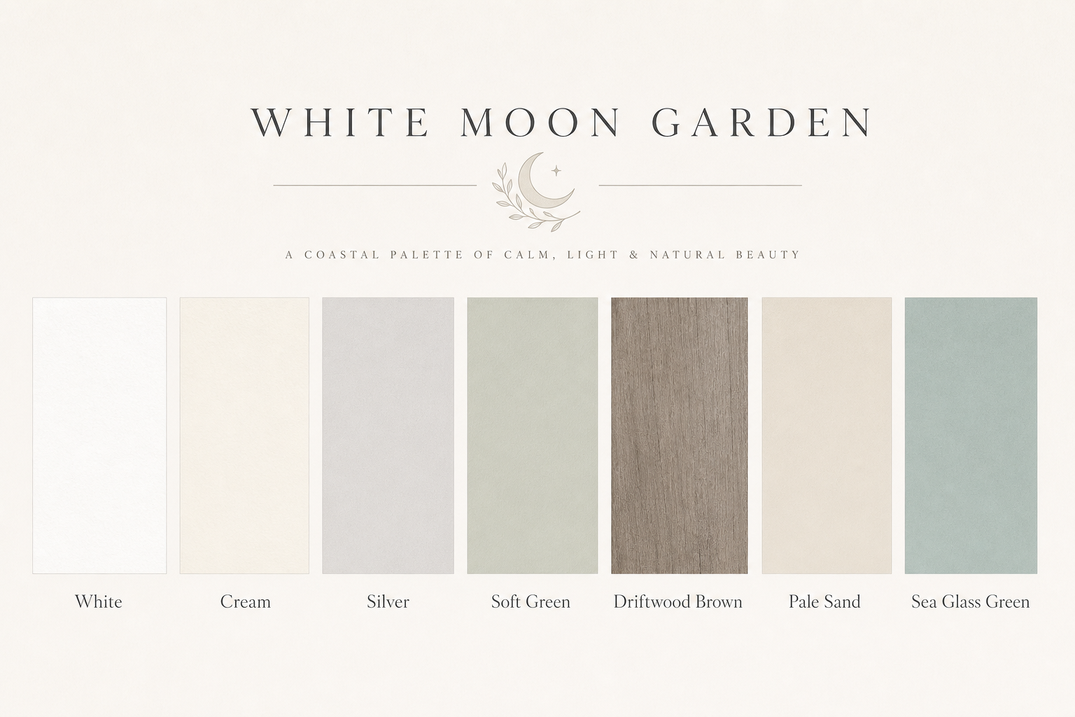 A coastal white garden color palette graphic showing white, cream, silver, soft green, driftwood brown, pale sand, and sea glass green