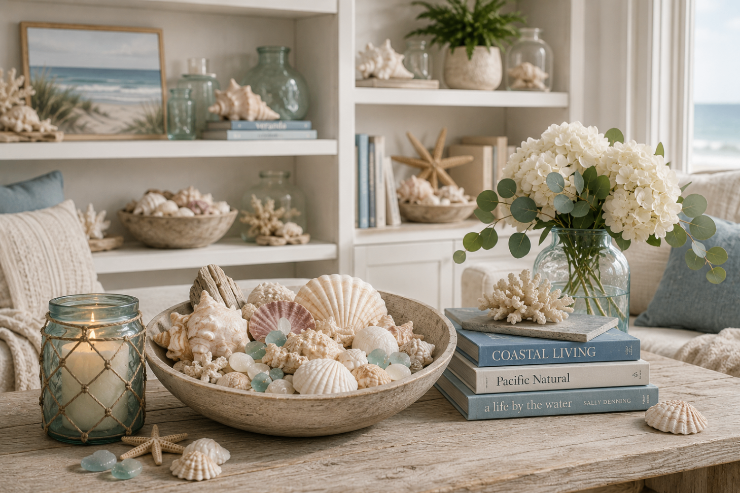 A coastal living room with a bowl of shells, driftwood accents, sea glass, books, and soft blue and cream decor