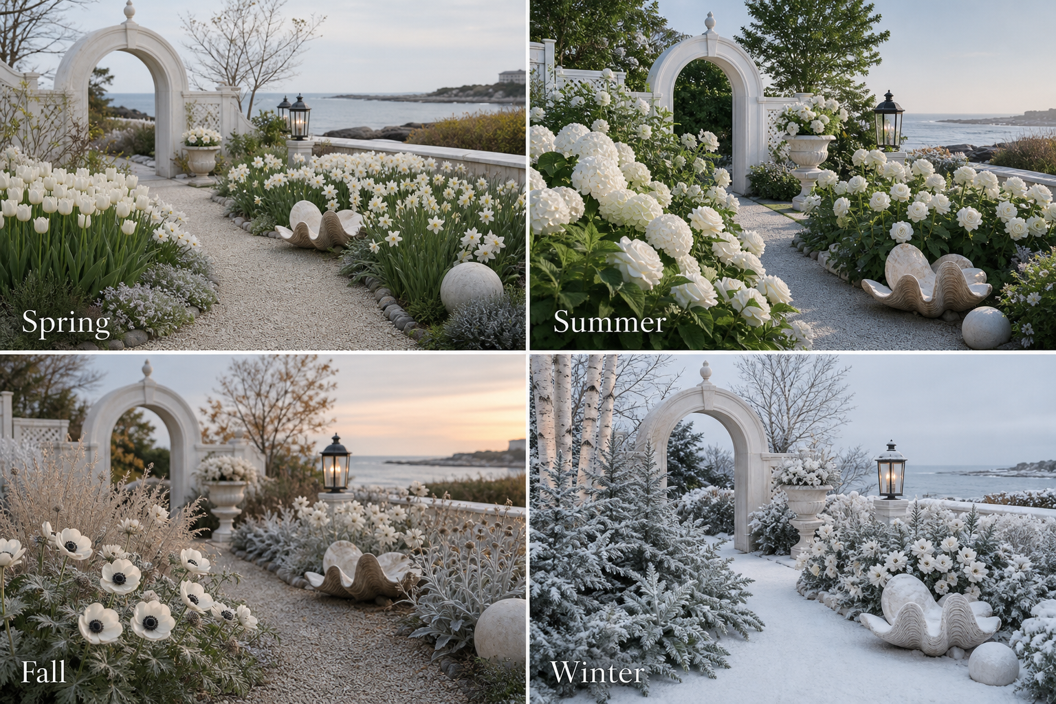 A four-panel collage of a white coastal garden through spring, summer, fall, and winter