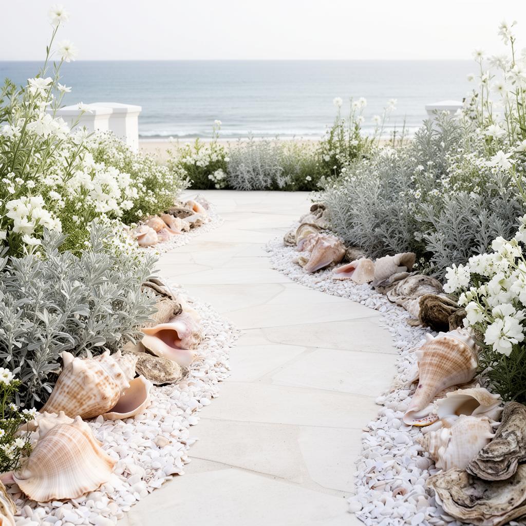 A coastal garden bed and pathway styled naturally with whelks, conchs, scallops, and oyster shells among white flowers