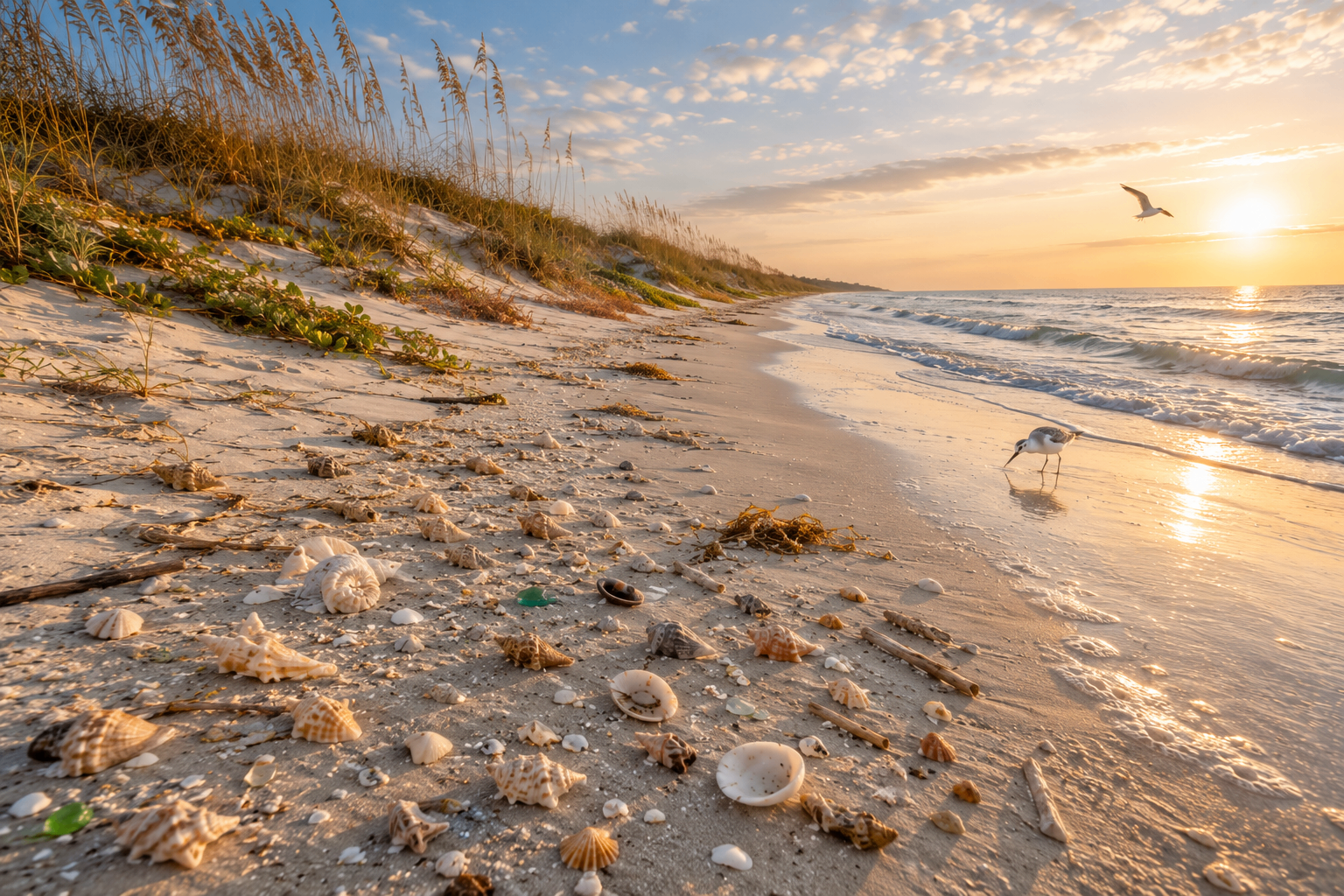 Golden-hour Atlantic shoreline with scattered whelks, cockles, and sea glass along the wrack line as a sandpiper forages at the water's edge.