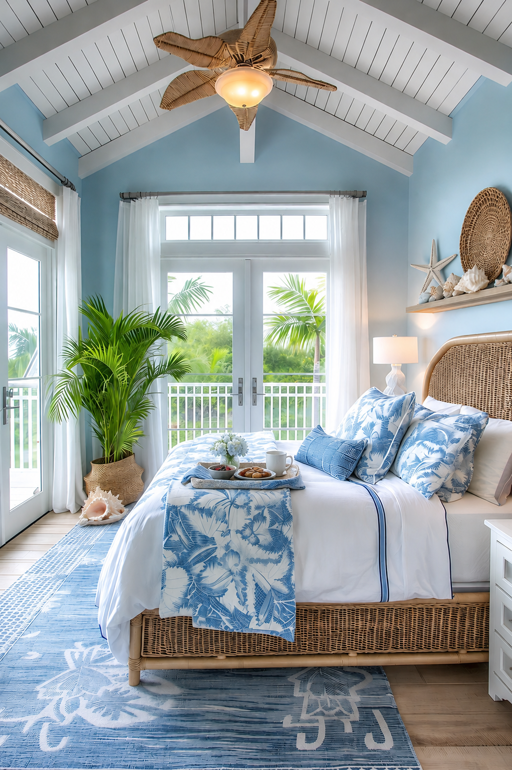 Serene blue and white coastal bedroom with rattan bed, shell shelf, and palm-print bedding