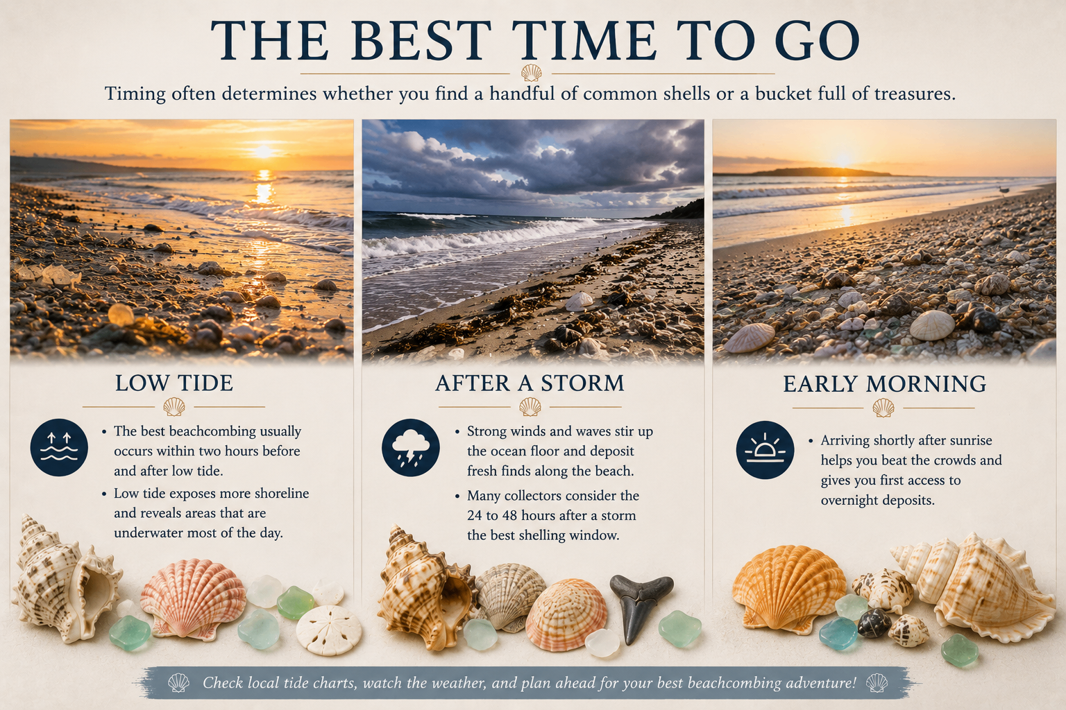 Best time to go infographic showing low tide, after a storm, and early morning as ideal beachcombing times